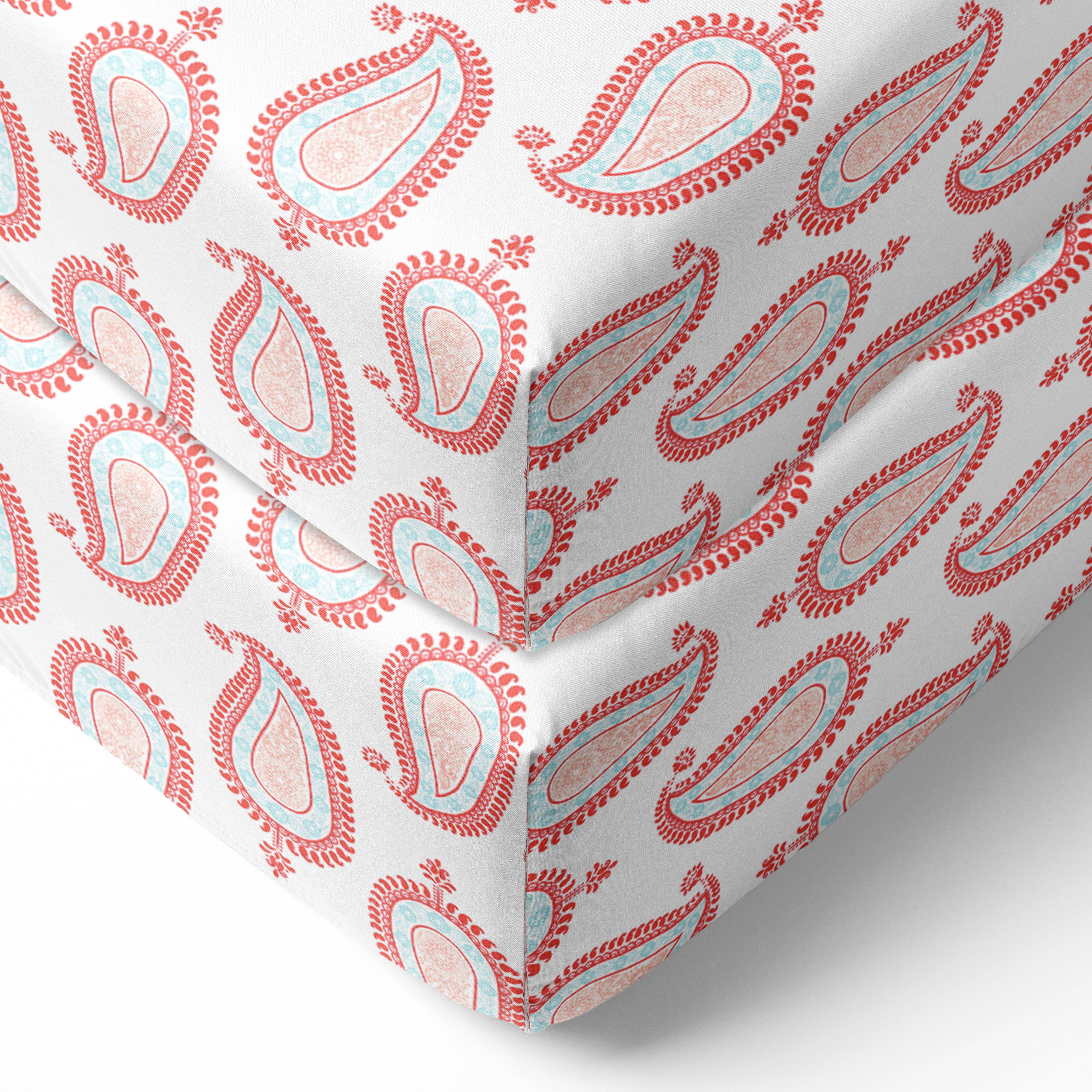 Bacati - Crib or Toddler Bed Fitted Sheet 100% Cotton Percale, Paisley Sophia Coral/Aqua