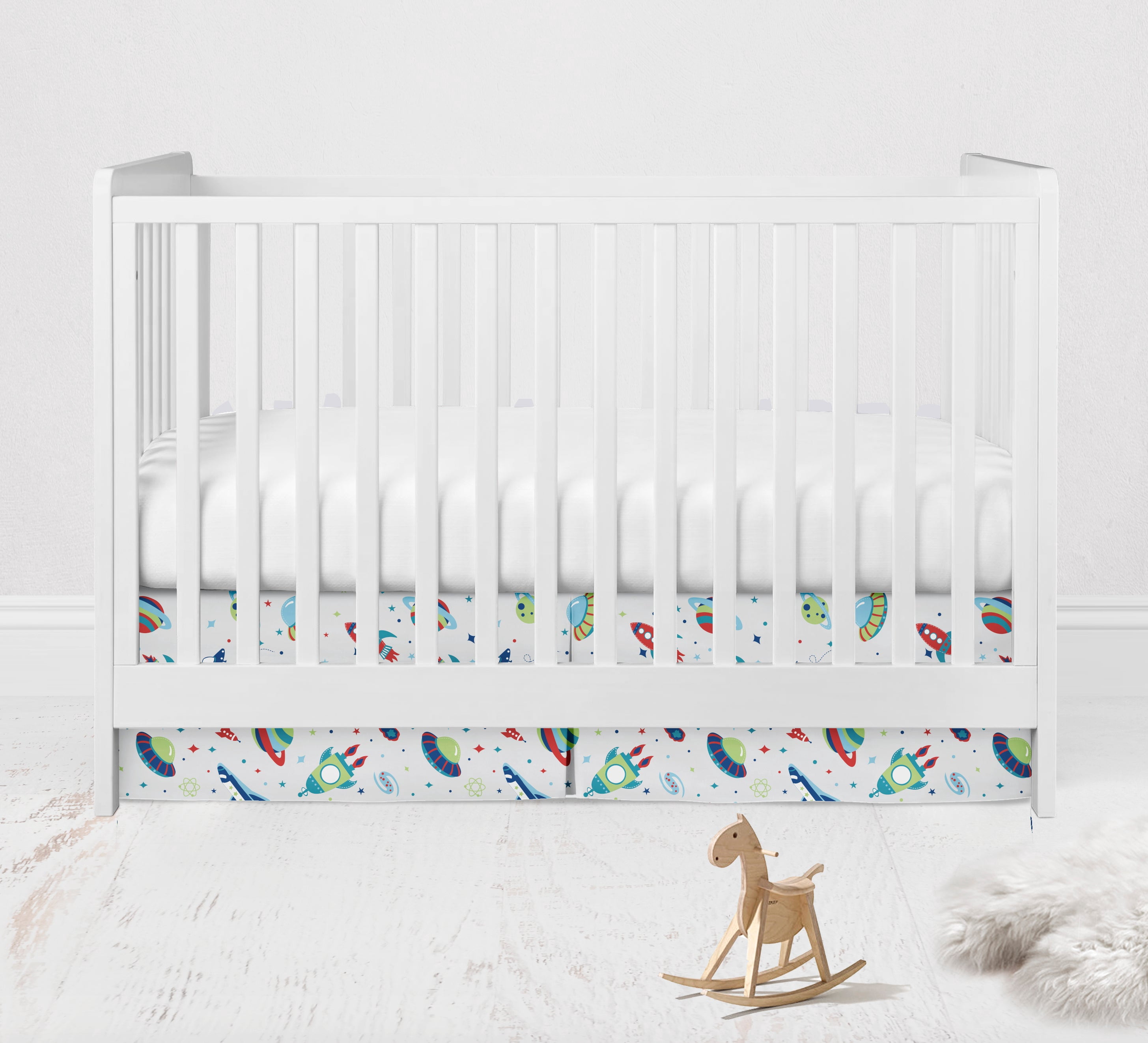Bacati - Crib or Toddler Bed Skirt or Dust Ruffle 100% Cotton Percale, Airspace, Aqua/Red/Orange/Green/Navy