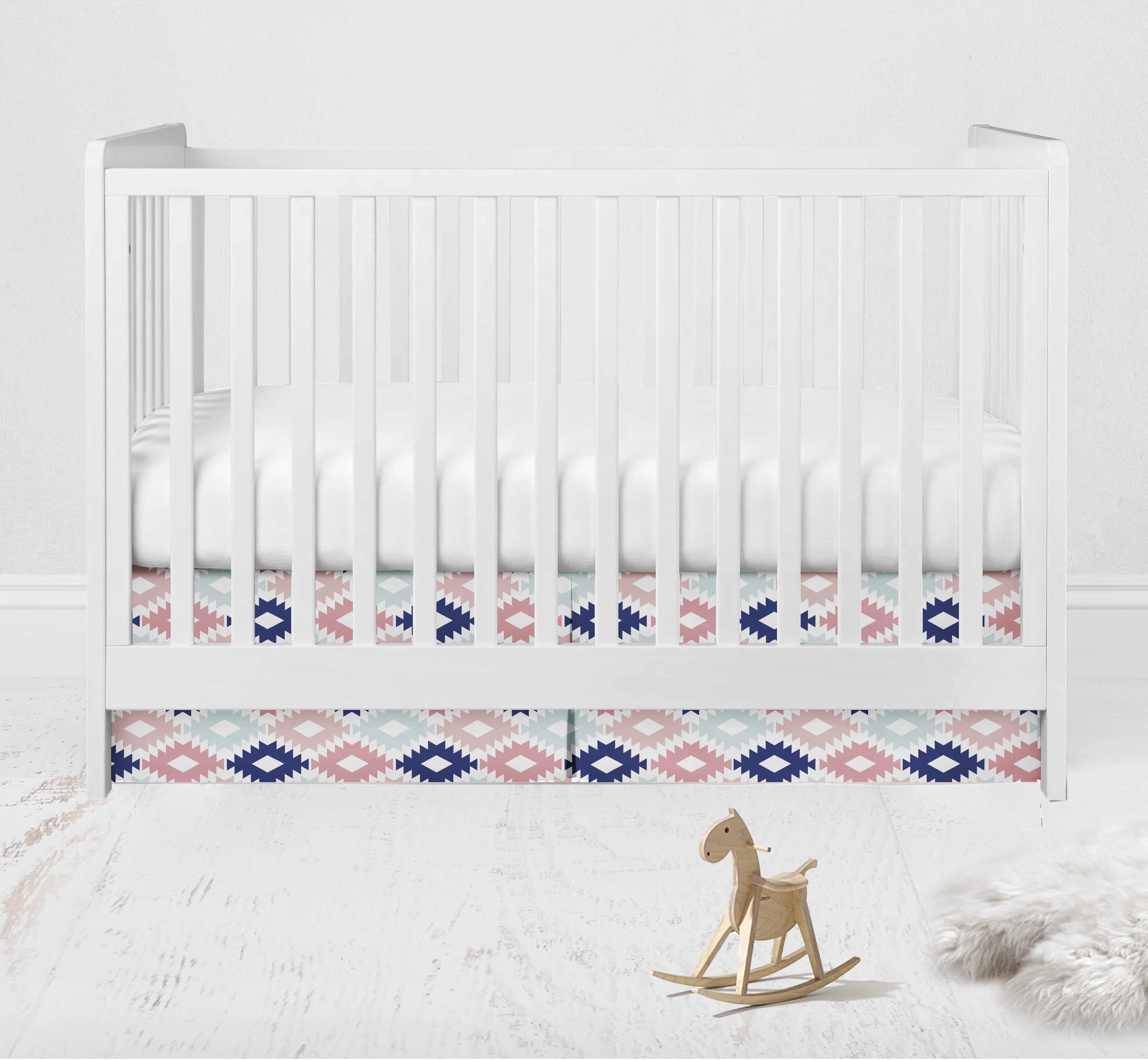 Bacati - Crib or Toddler Bed Skirt or Dust Ruffle 100% Cotton Percale, Aztec Emma Coral/Mint/Navy