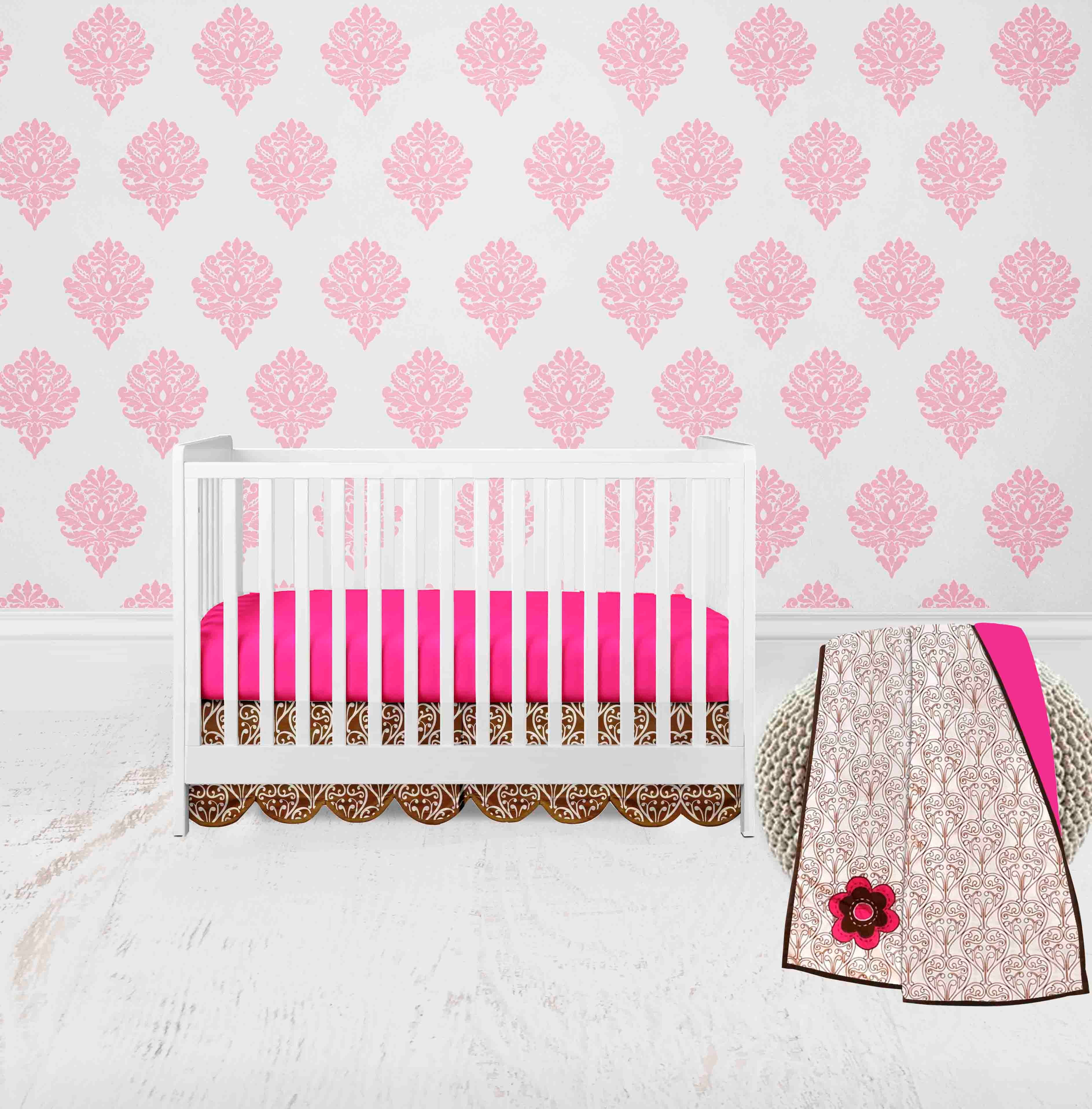 Bacati - Damask Floral 3-Piece Crib Bedding Set - Pink/Chocolate Girls