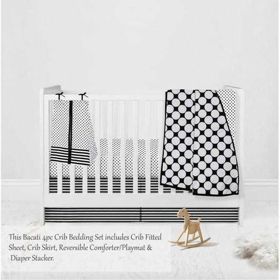 Bacati - Dots Pin Stripes 4-Piece Crib Bedding Set with Diaper Stacker - Black/White Unisex