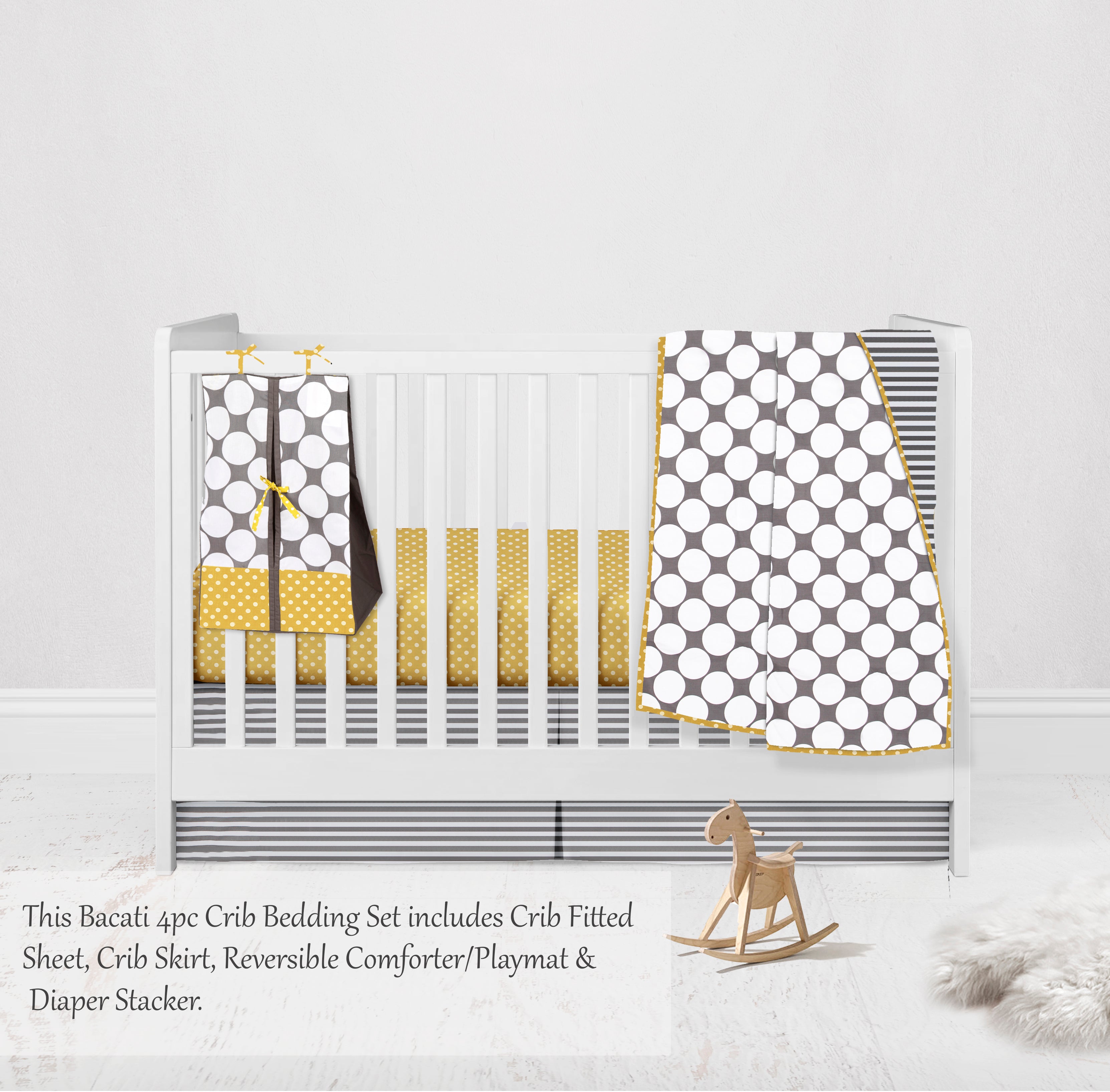 Bacati - Dots Pin Stripes 4-Piece Crib Bedding Set with Diaper Stacker - Grey/Yellow Unisex