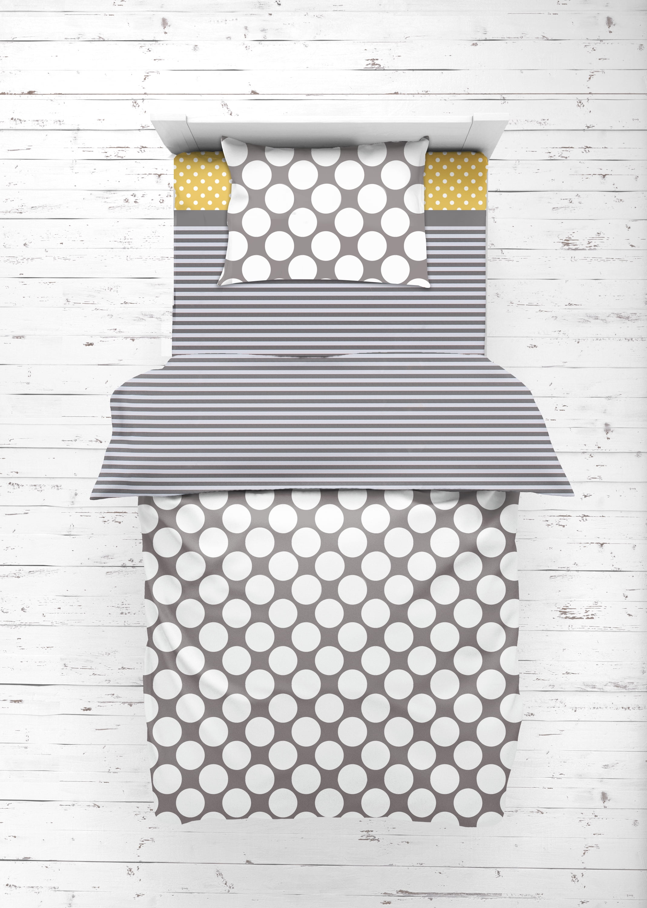 Bacati - Dots/Pin Stripes 4-Piece Toddler Bedding set 100% Cotton percale, Gray/Yellow