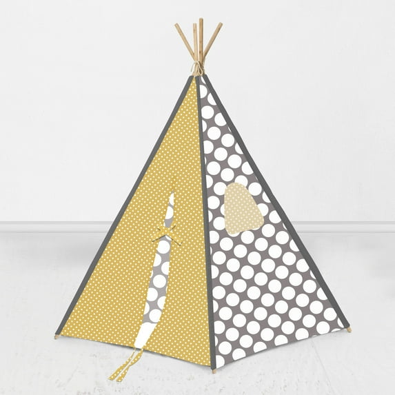 Bacati - Dots/Stripes, Grey/Yellow Teepee Tent for Kids/Toddlers, 100% Cotton Breathable Percale Fabric Cover