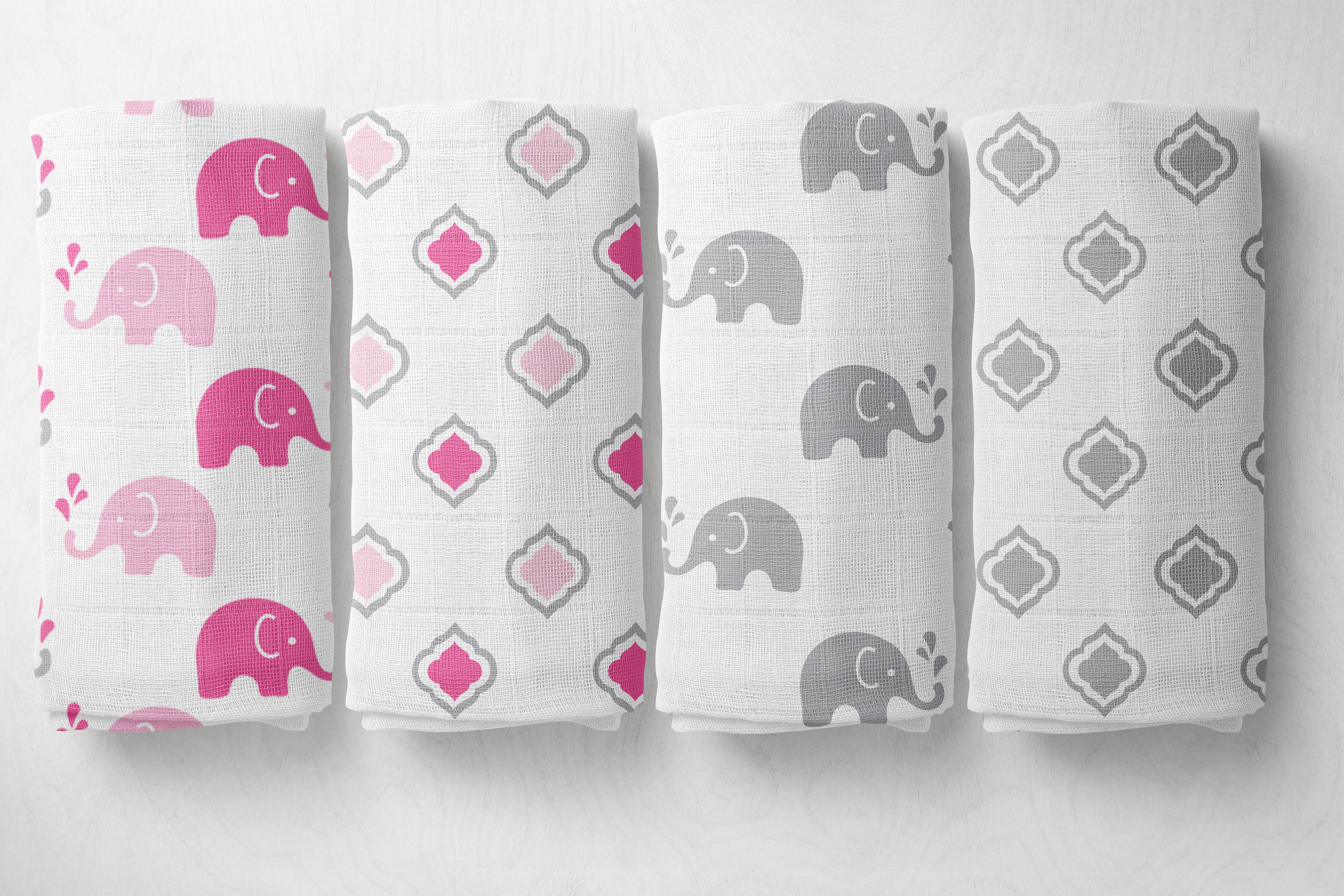 Bacati Elephants 100 Cotton Muslin Swaddling Blankets Set of 4, Pink