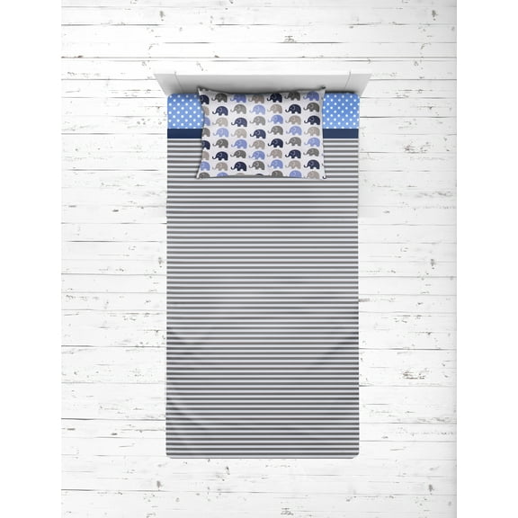 Bacati - Elephants 3-Piece 100% Cotton Percale Toddler Sheet Set, Blue/Gray