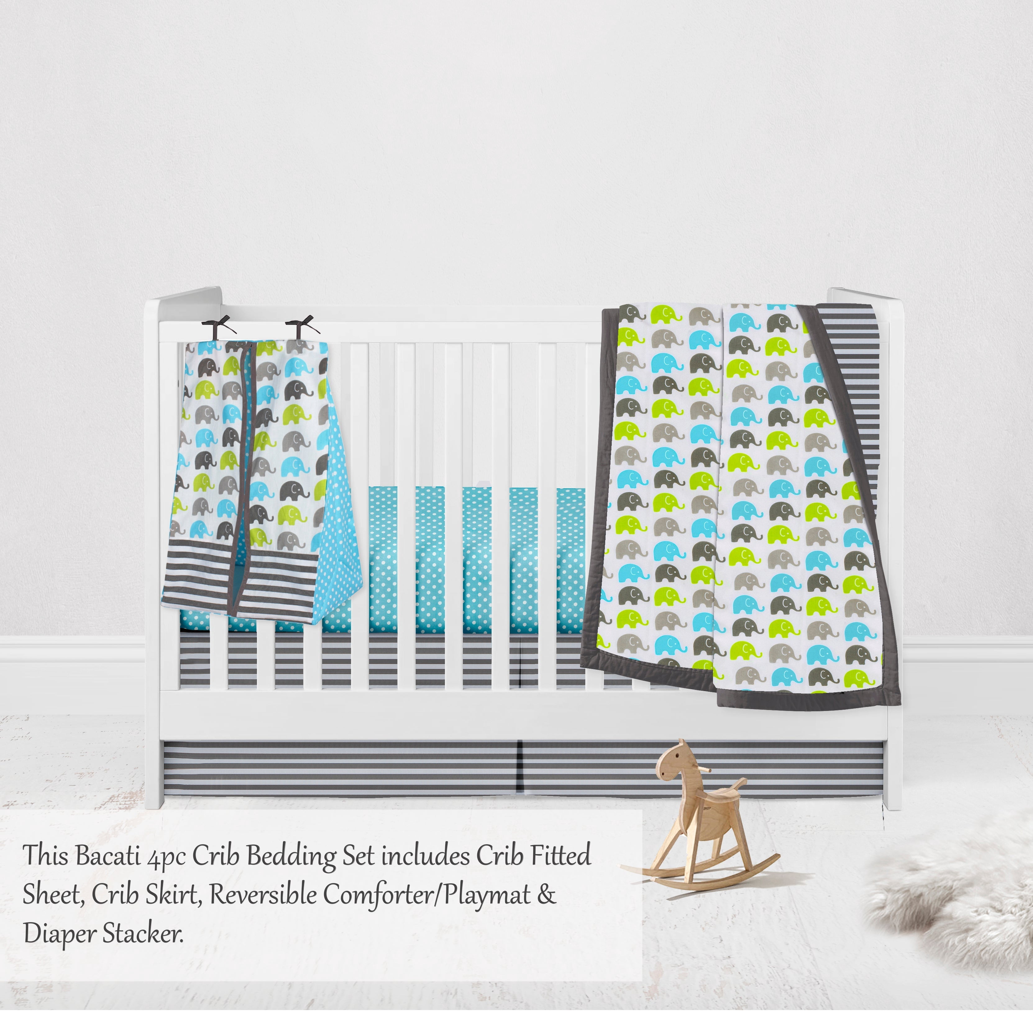Bacati - Elephants 4-Piece Crib Bedding Set with Diaper Stacker - Aqua/Lime/Grey Unisex