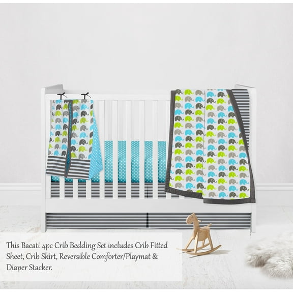 Bacati - Elephants 4-Piece Crib Bedding Set with Diaper Stacker - Aqua/Lime/Grey Unisex