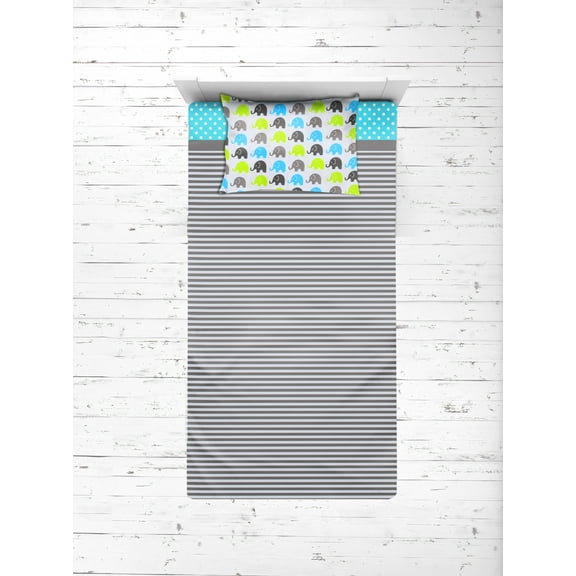 Bacati Elephants Aqua Lime Grey Toddler Sheet Set 3 ct Package