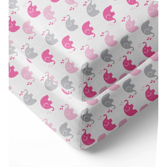 Bacati - Elephants Crib/Toddler Bed Fitted Sheets 100% Cotton Muslin 2 Pack, Pink/Gray