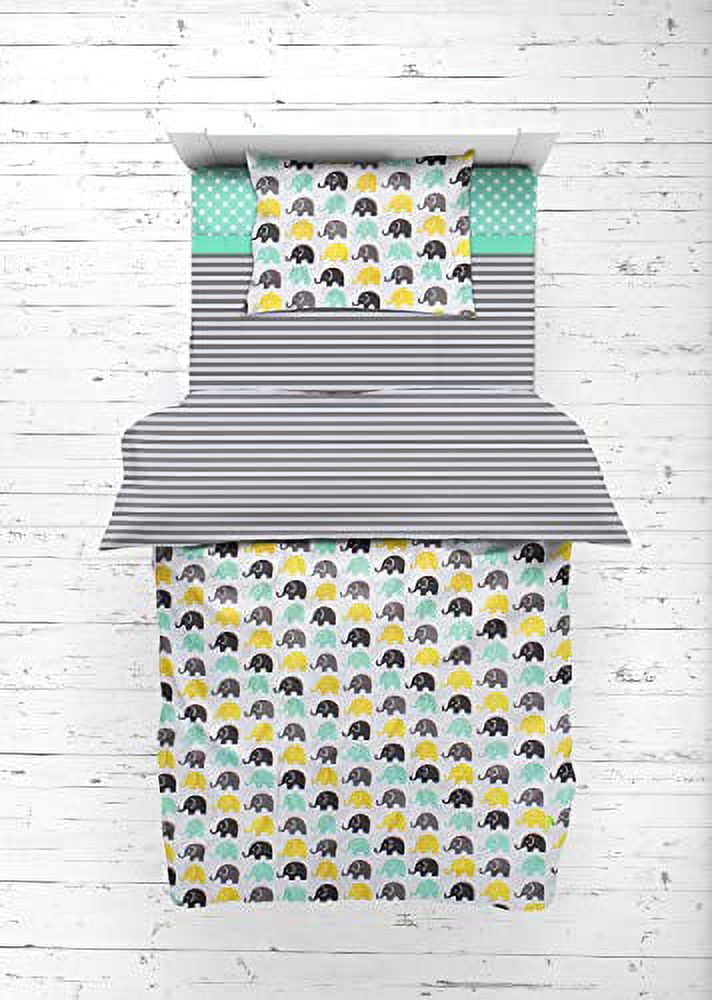 Bacati Elephants Unisex 4 Piece Bedding Set 100 Percent Cotton for US Standard Cribs/Toddler Beds, Mint/Yellow/Grey Includes Reversible Comforter, Fitted Sheet, Top Sheet, and Pillow Case
