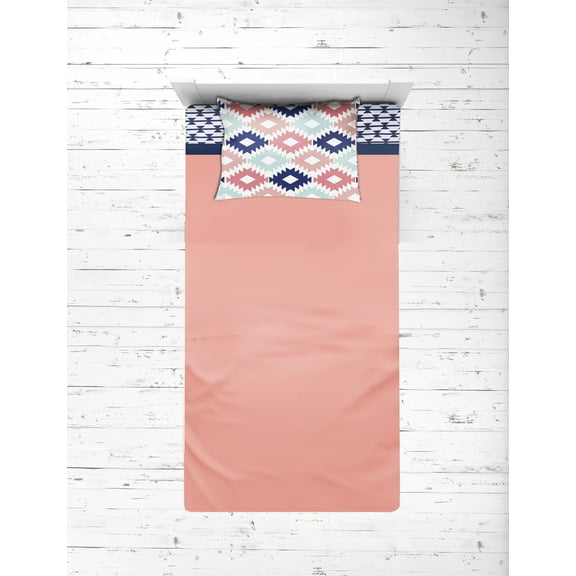Bacati - Emma Aztec 3-Piece 100% Cotton Percale Toddler Sheet Set, Coral/Mint/Navy
