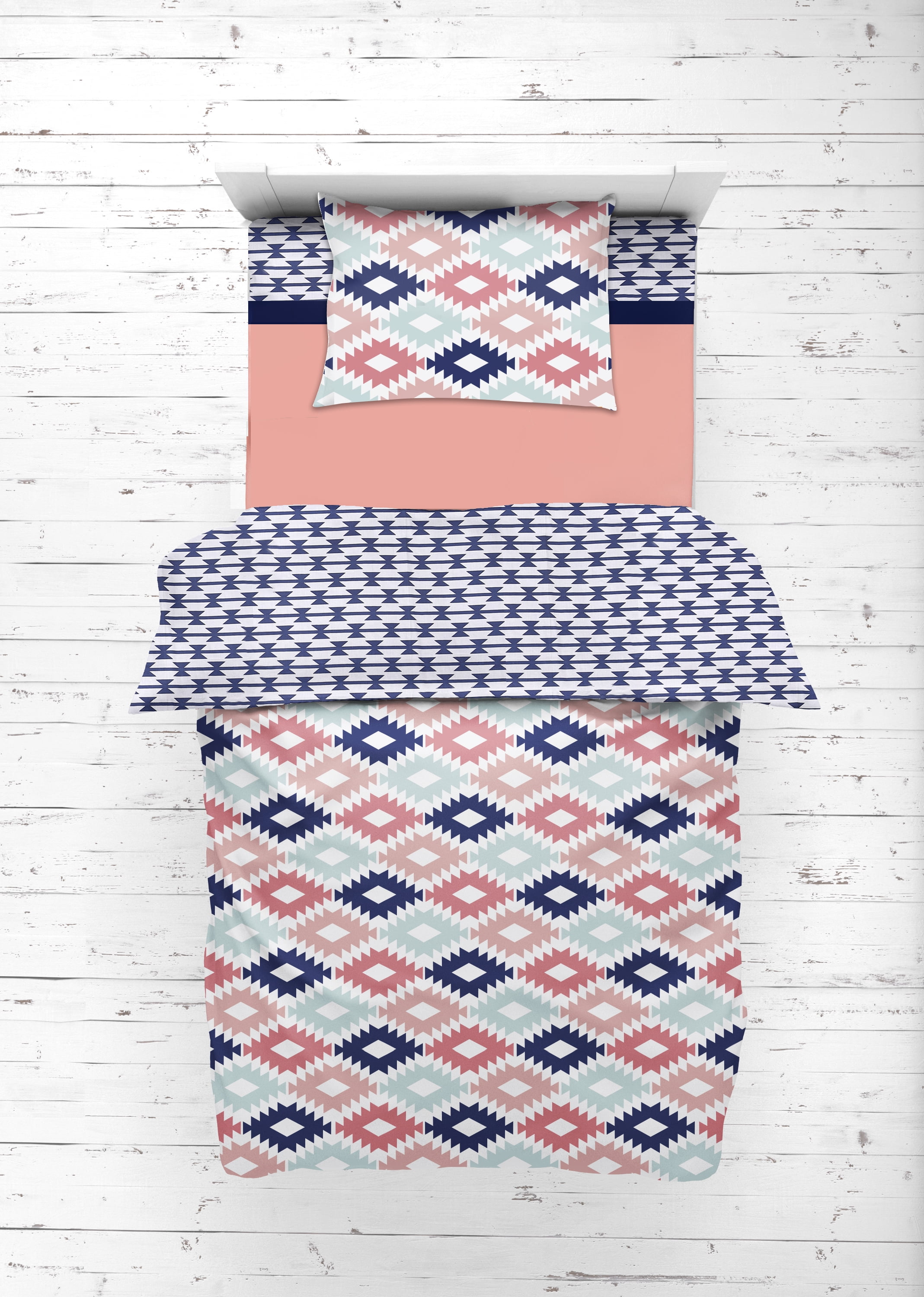 Bacati - Emma Aztec Coral/Mint/Navy 4-Piece Toddler Bedding Set 100% Cotton percale fabrics