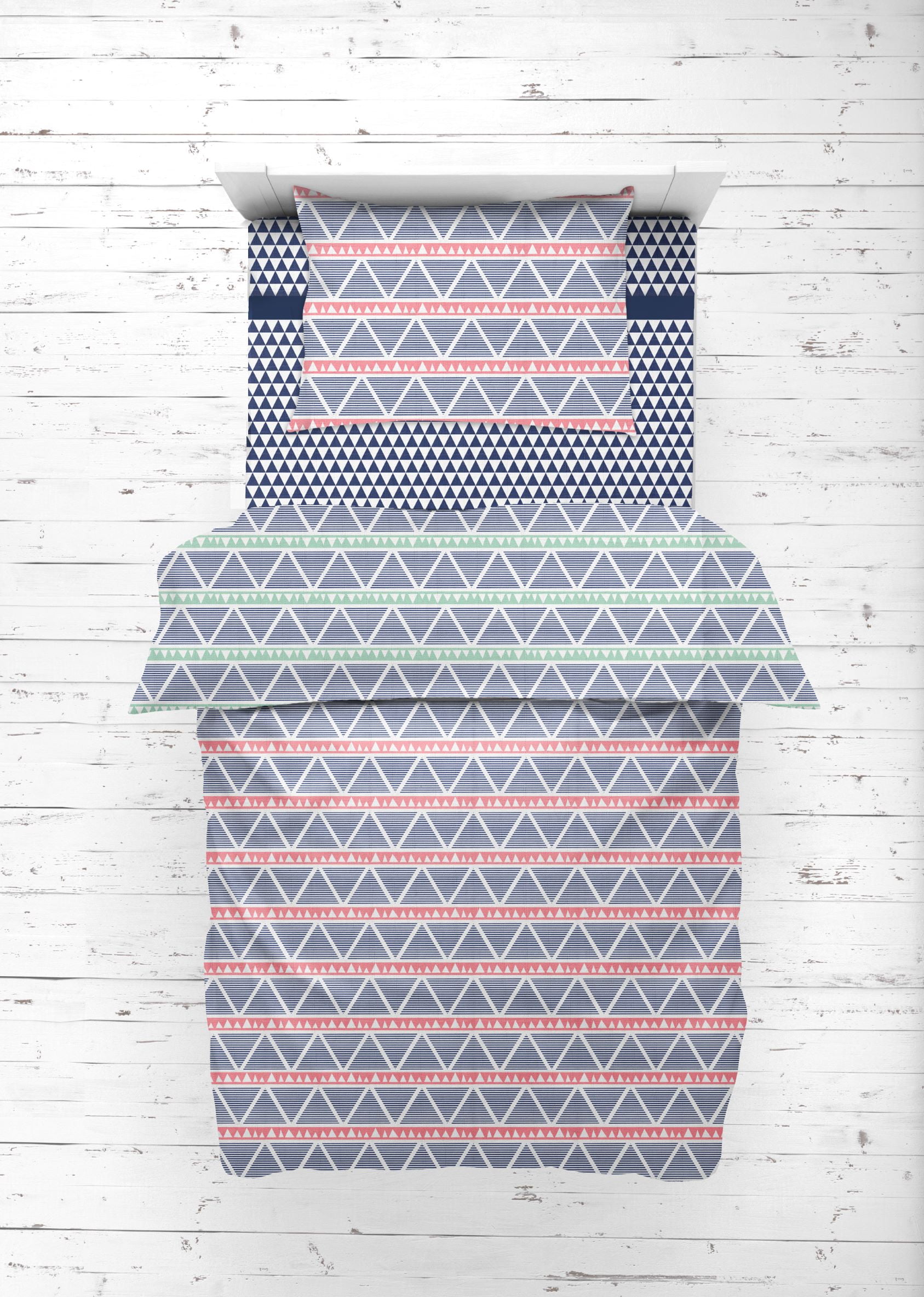 Bacati - Emma Aztec Coral/Mint/Navy Triangles 100% Cotton Muslin 4-Piece Toddler Bedding Set