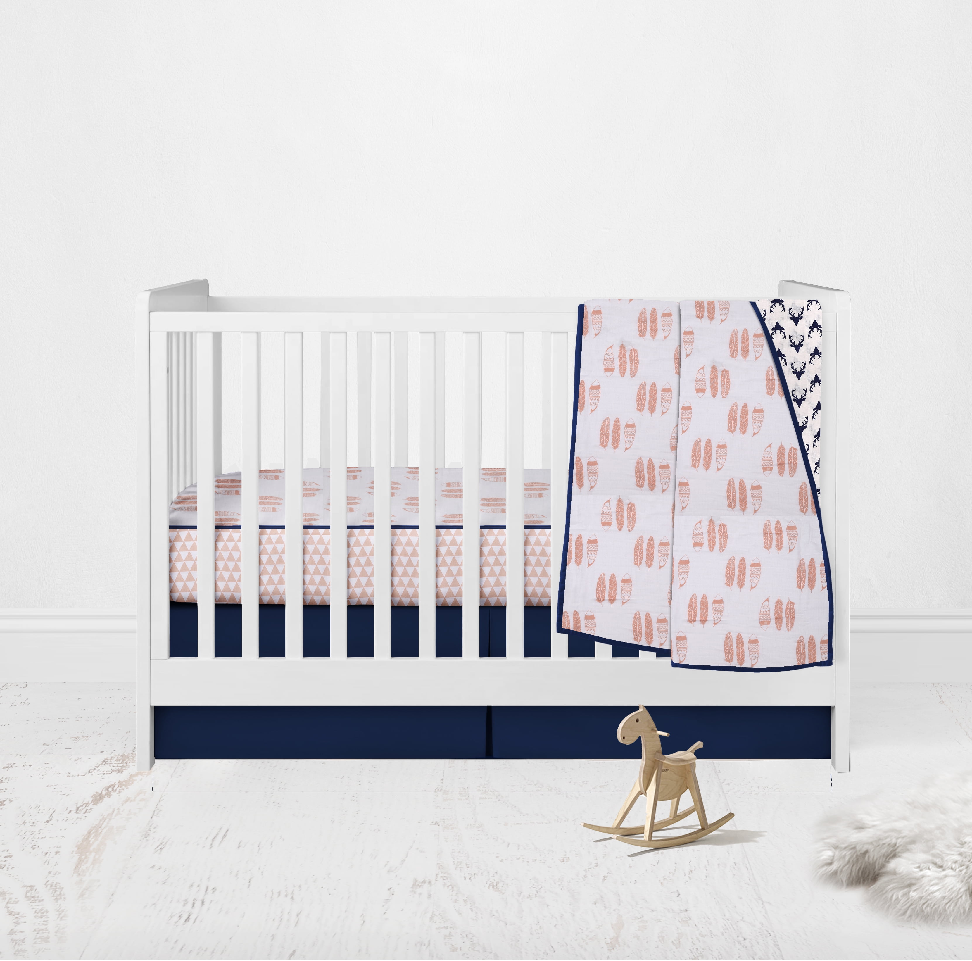 Bacati Feathers/Buck Coral/Navy 100 Percent Cotton Breathable Muslin 3pc Girls Crib Set