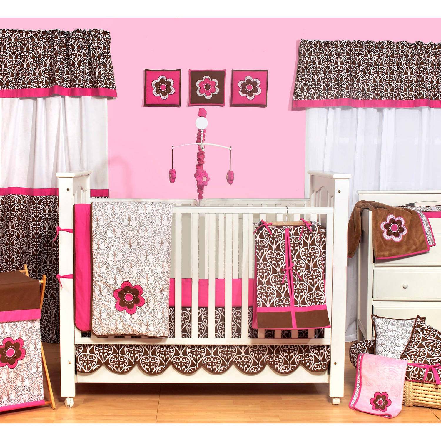 Bacati - Floral Damask Pink/Chocolate Girls 10-Piece Nursery-in-a-Bag Crib Bedding Set 100 % Cotton Percale - image 1 of 10