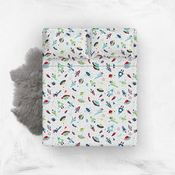 Bacati - Full Boys Sheet Set Airspace, Aqua/Red/Orange/Green/Navy