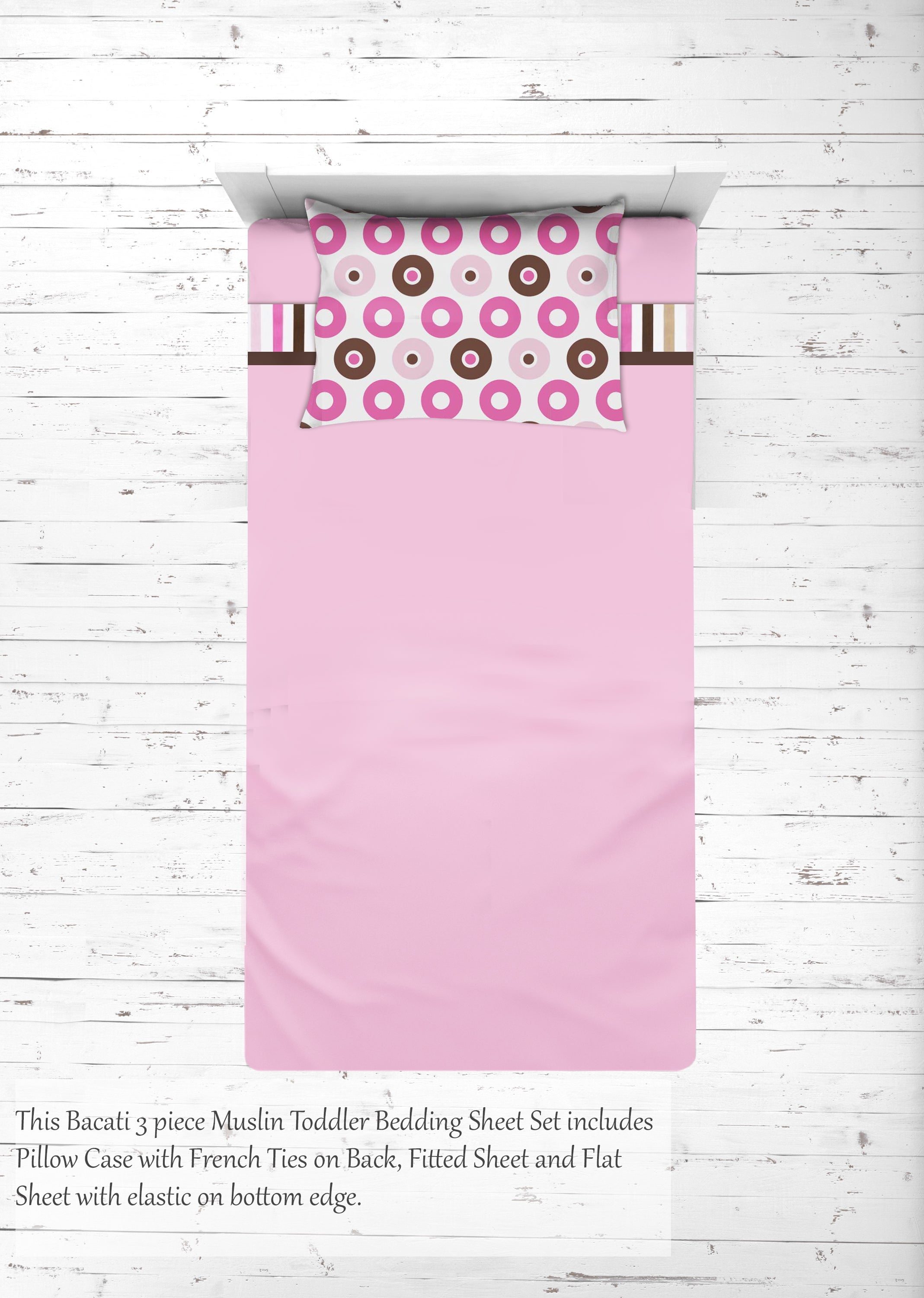 Bacati - Girls 4 pc Toddler Bedding/3 pc Sheet Set 100% Cotton Percale, Mod Dots/Stripes, Pink/Fuchsia/Beige/Brown