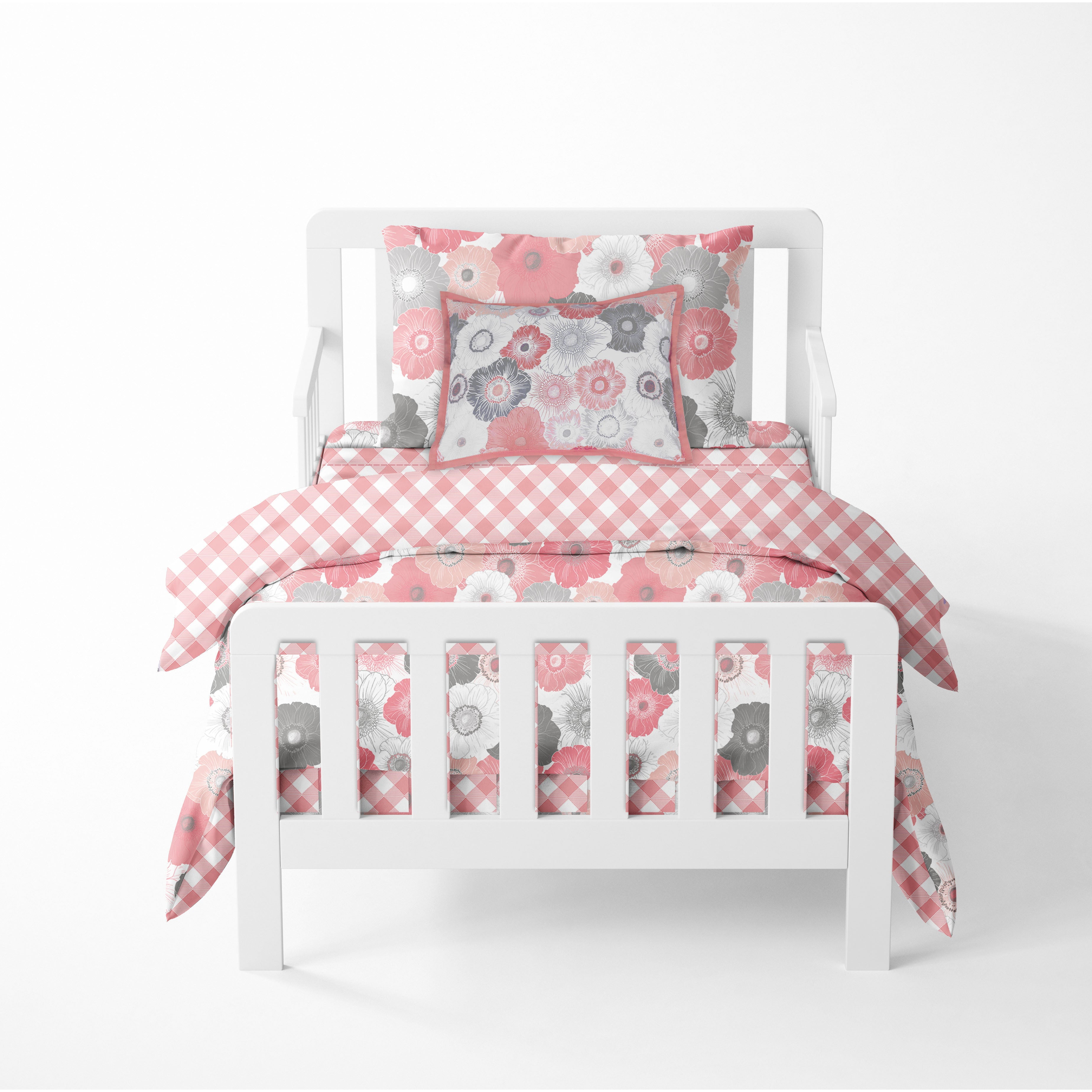 Bacati - Girls 5 pc Toddler Bedding/Sheet Set 100% Cotton Percale, Watercolors Flowers Coral Gray