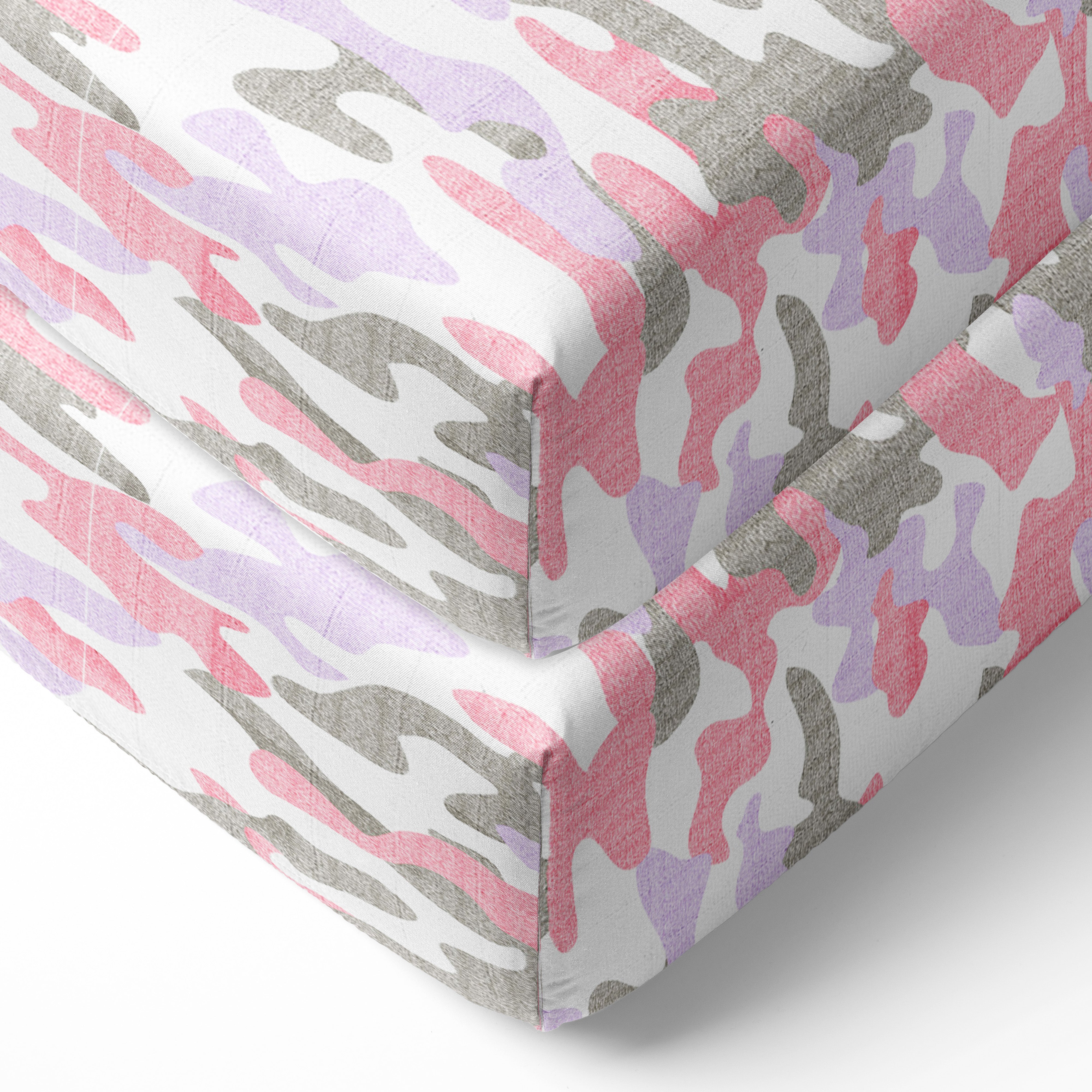 Bacati - Girls Camo Coral Lilac Gray Muslin Crib or Toddler Bed Fitted Sheet