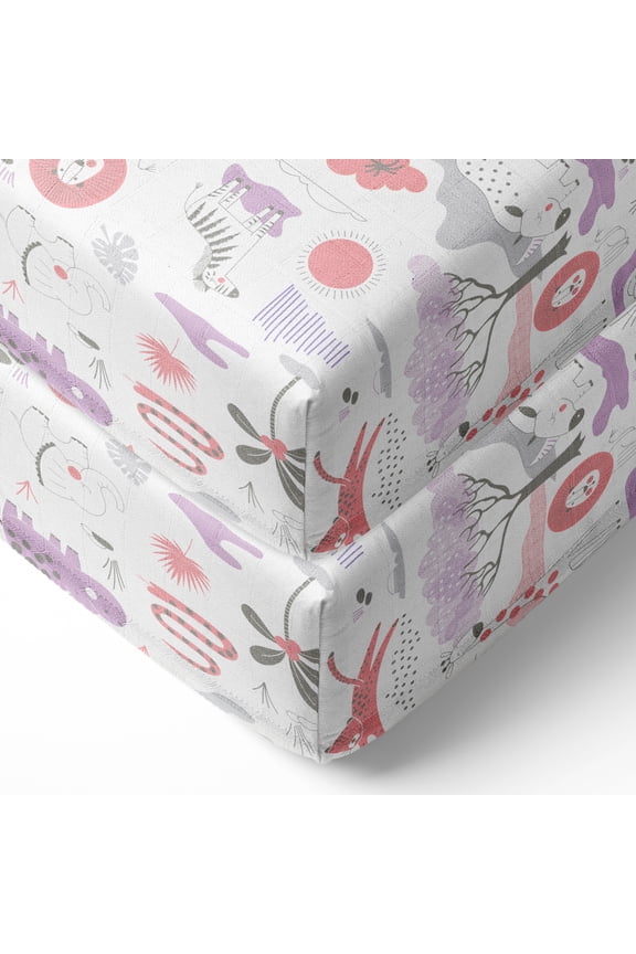 - Girls Jungle Safari Serengeti Lilac Coral Gray Muslin Crib or Toddler Bed Fitted Sheet
