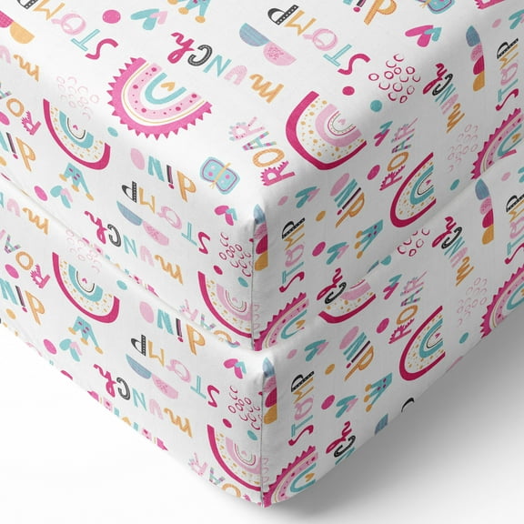 Bacati - Girls Little Dino Rainbow Pink Fuchsia Orange Muslin Crib or Toddler Bed Fitted Sheet