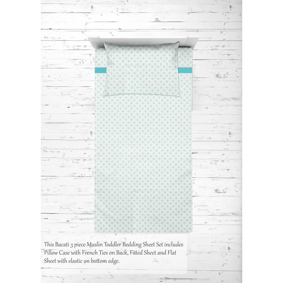 Bacati - Girls Toddler Bedding/Sheet Set 100% Cotton Muslin, Petals/Floral Aqua