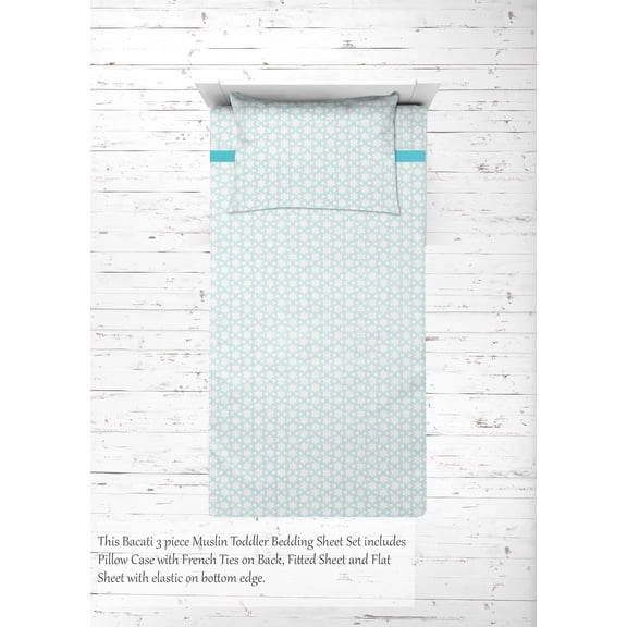 Bacati - Girls Toddler Bedding/Sheet Set 100% Cotton Muslin, Petals/Floral Aqua