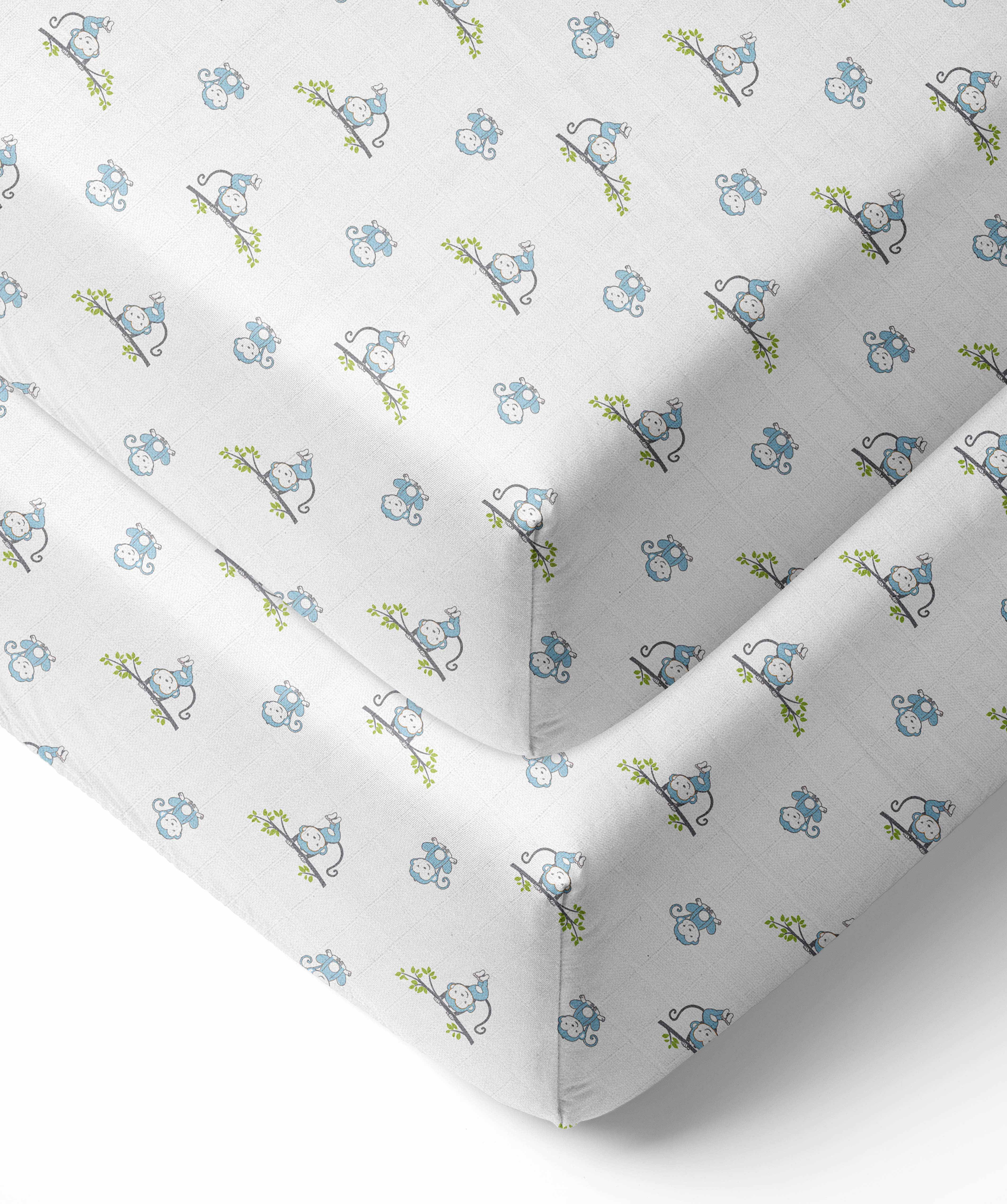 Bacati - Happy Monkeys Crib/Toddler Bed Fitted Sheets 100% Cotton Muslin 2 Pack, Blue
