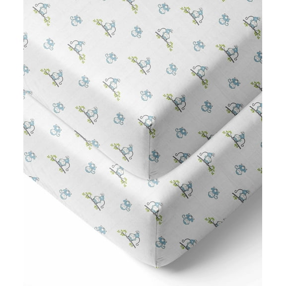 Bacati - Happy Monkeys Crib/Toddler Bed Fitted Sheets 100% Cotton Muslin 2 Pack, Blue