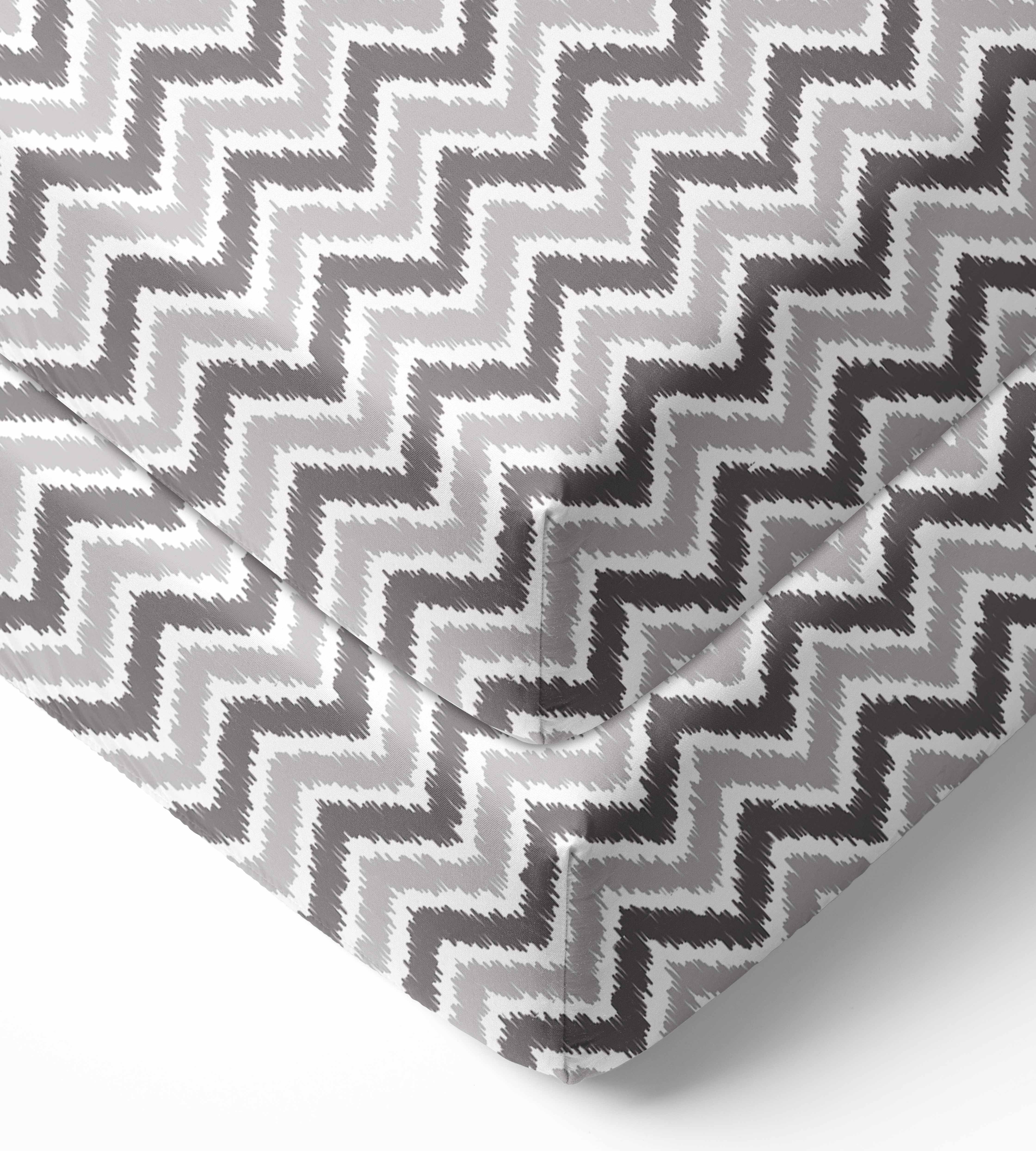 Bacati - Ikat Crib/Toddler Bed Fitted Sheets 100% Cotton Muslin 2 Pack, Zigzag Grey