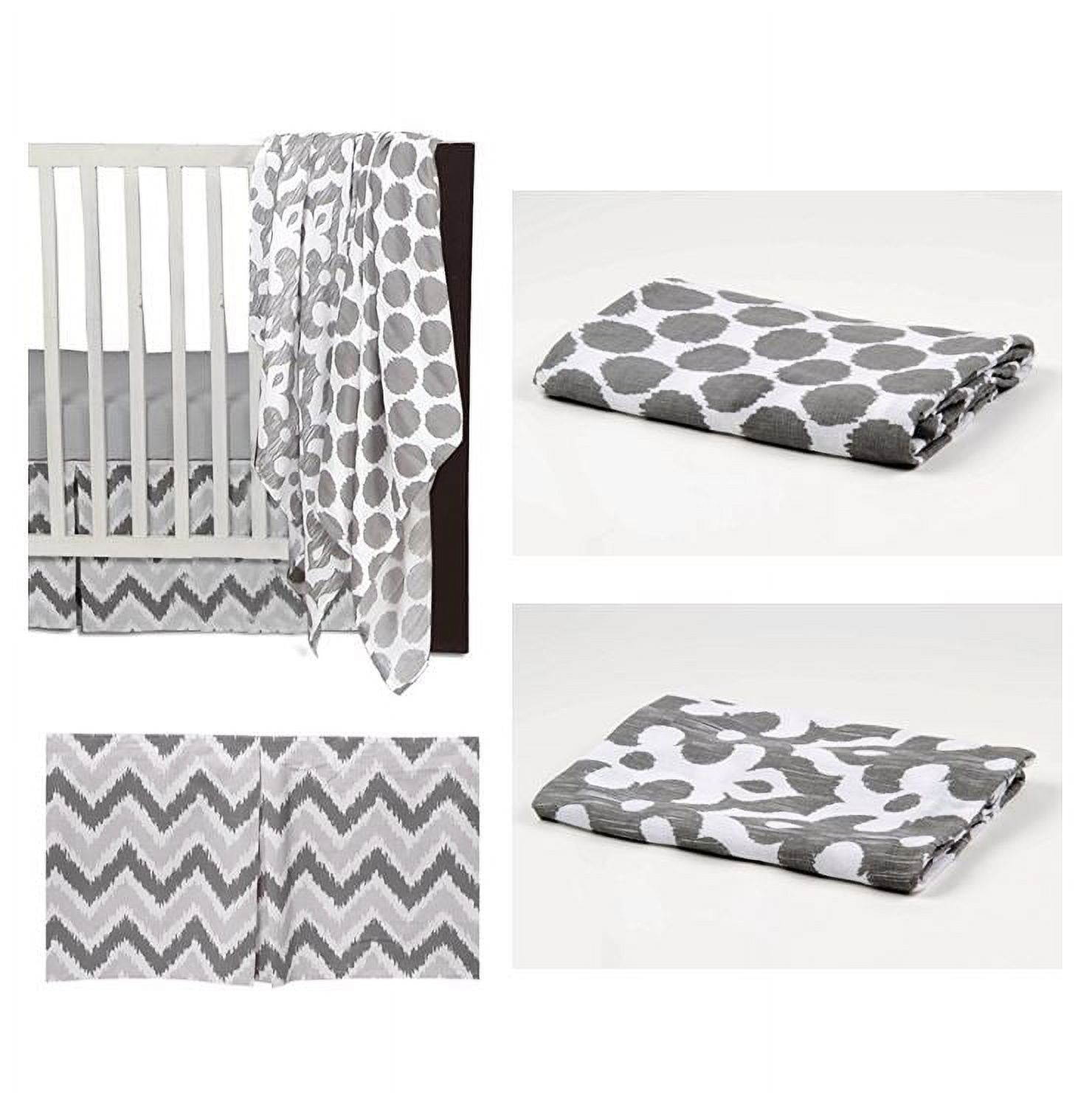 Bacati - Ikat Dots/Damask 4-Piece Crib Bedding Set with 2 Muslin Swadling Blankets, White/Grey