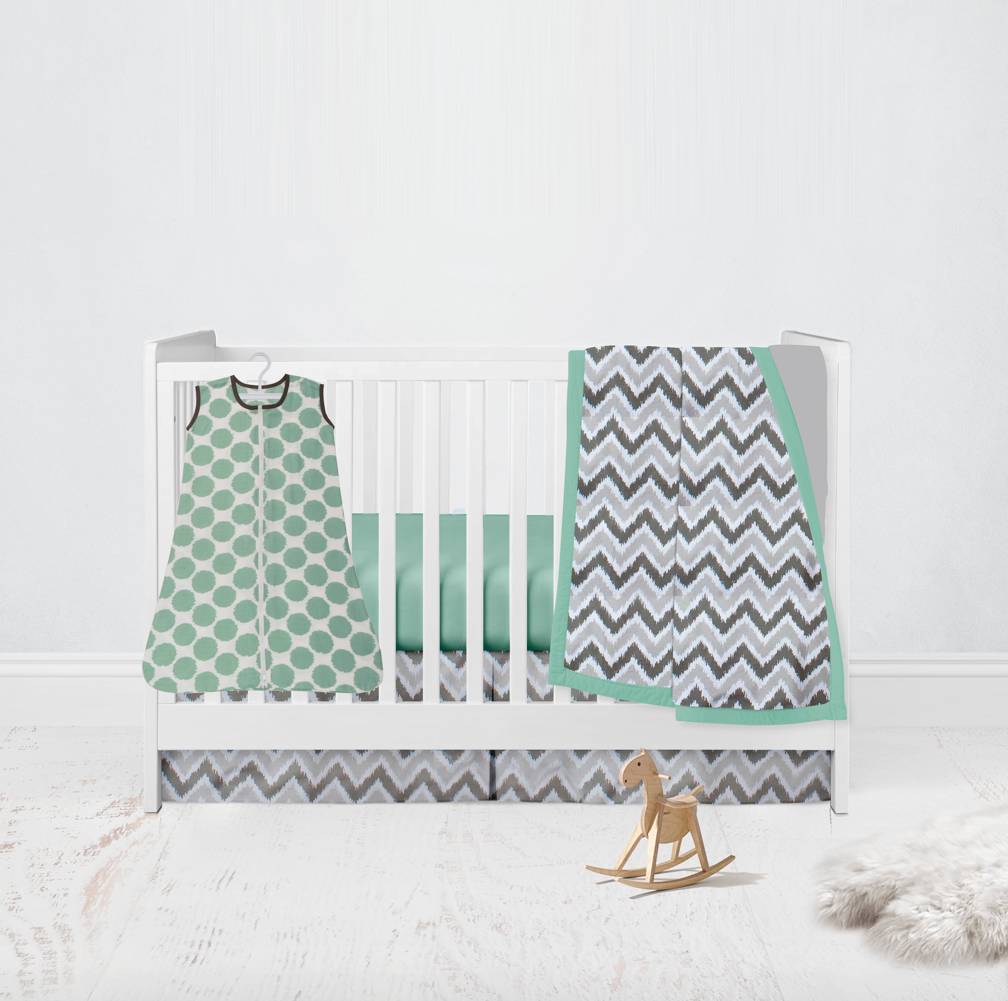 Bacati - Ikat Dots Stripes Mint Grey Muslin Neutral Crib Bedding Set