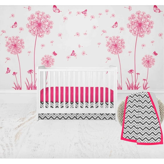 Bacati Ikat Dots chevron 3-Piece Crib Bedding Set - Pink Grey Girls