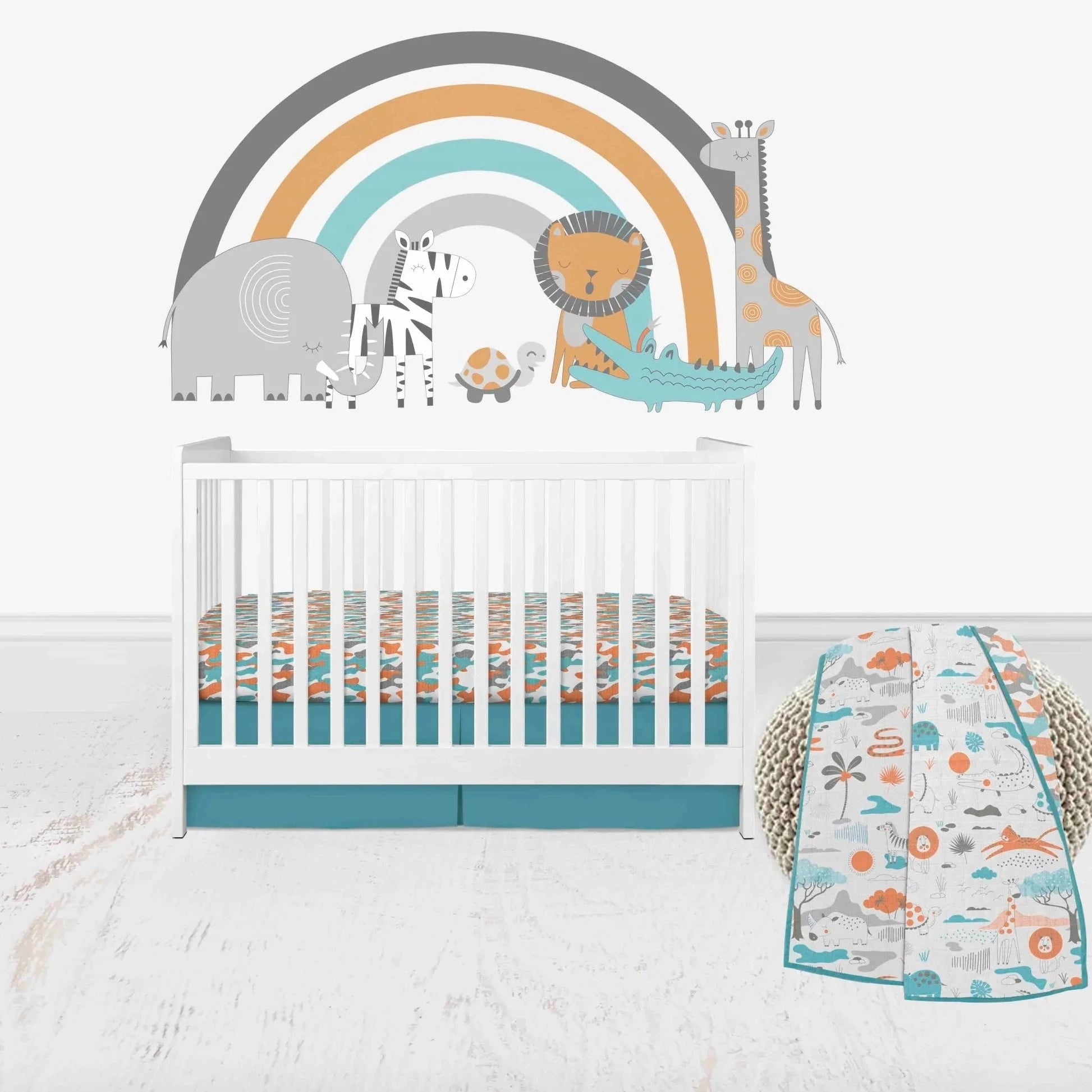 Bacati - Jungle Safari 4-Piece Muslin Crib Bedding Set with 2 Crib Sheets - Aqua Orange Gray Boys