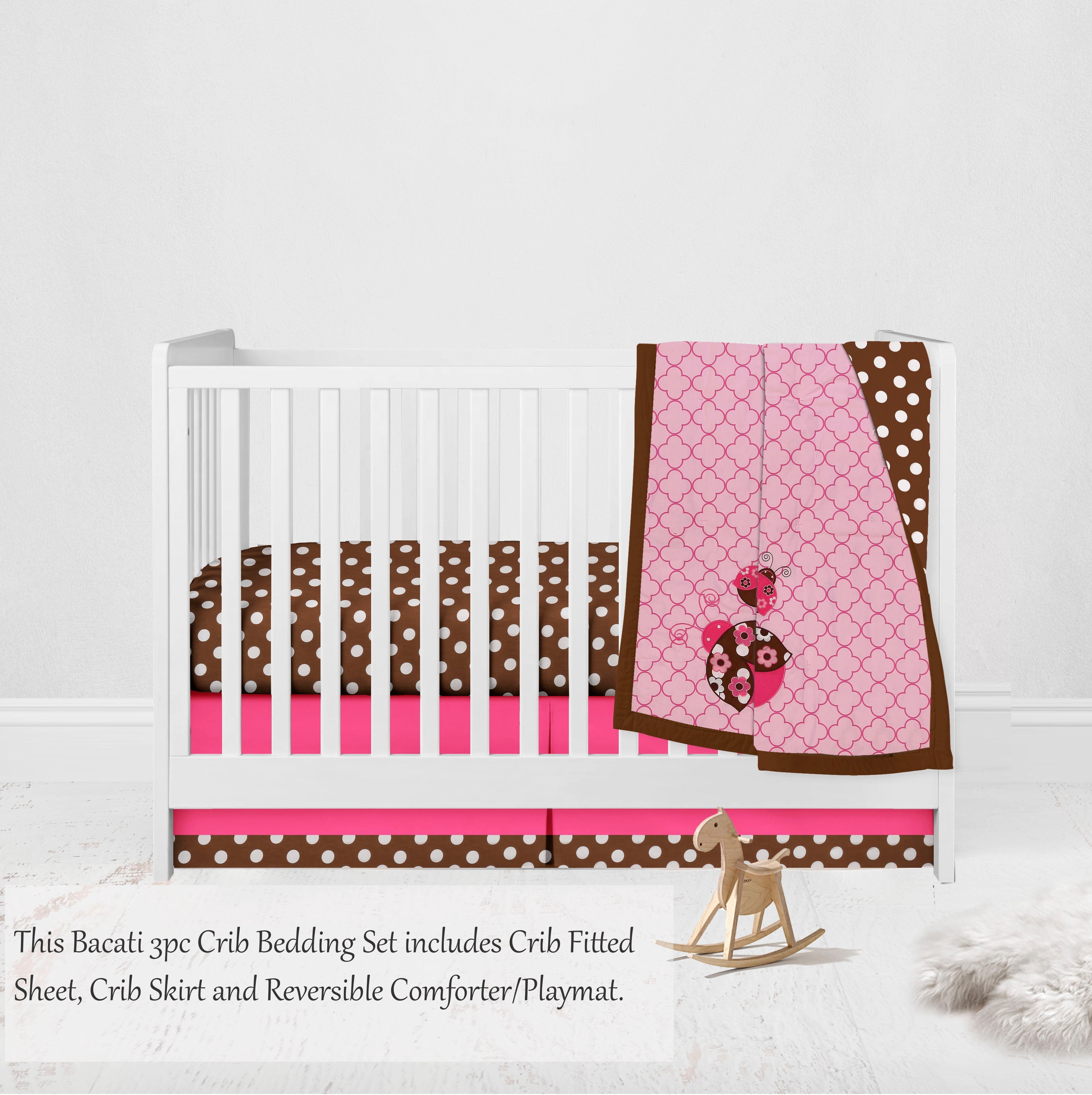 Bacati - Ladybugs 3-Piece Crib Bedding Set - Pink/Chocolate Girls