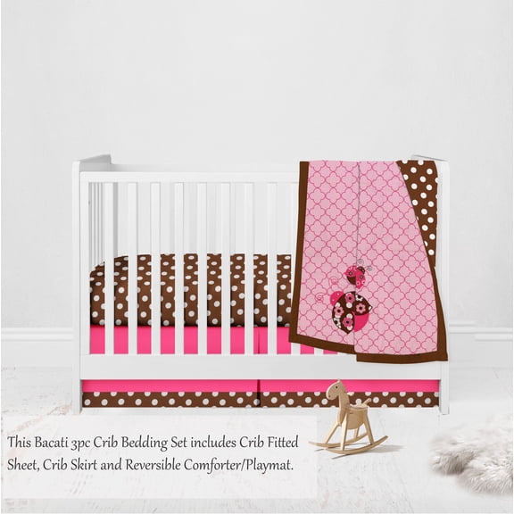Bacati - Ladybugs 3-Piece Crib Bedding Set - Pink/Chocolate Girls