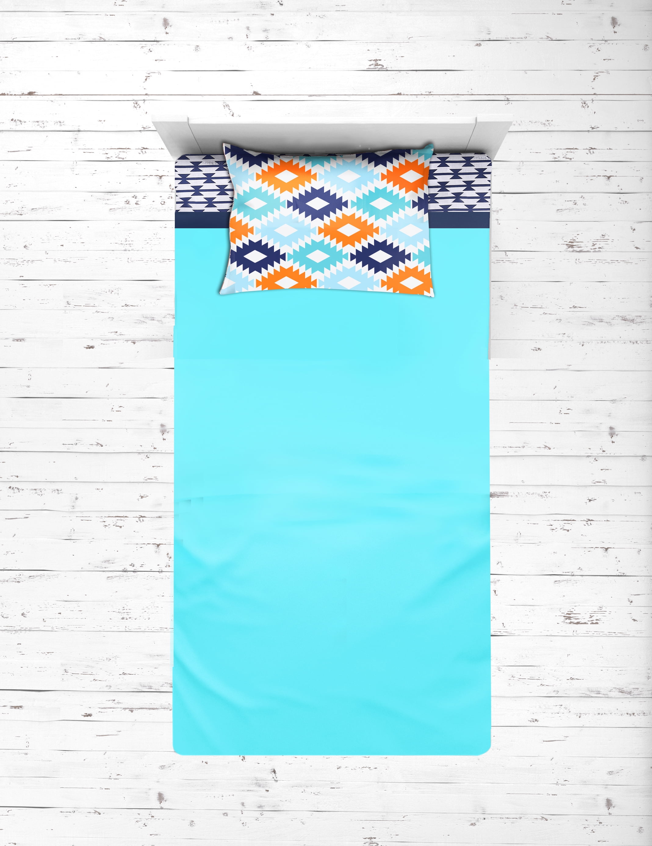 Bacati - Liam Aztec 3-Piece 100% Cotton Percale Toddler Sheet Set, Aqua/Orange/Navy
