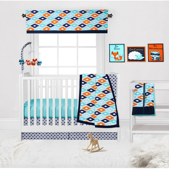 Bacati - Liam Aztec Aqua/Orange/Navy 10-Piece Nursery in a Bag Crib Bedding Set 100% Cotton Percale Unisex Crib Bedding Set with 2 crib fitted sheets