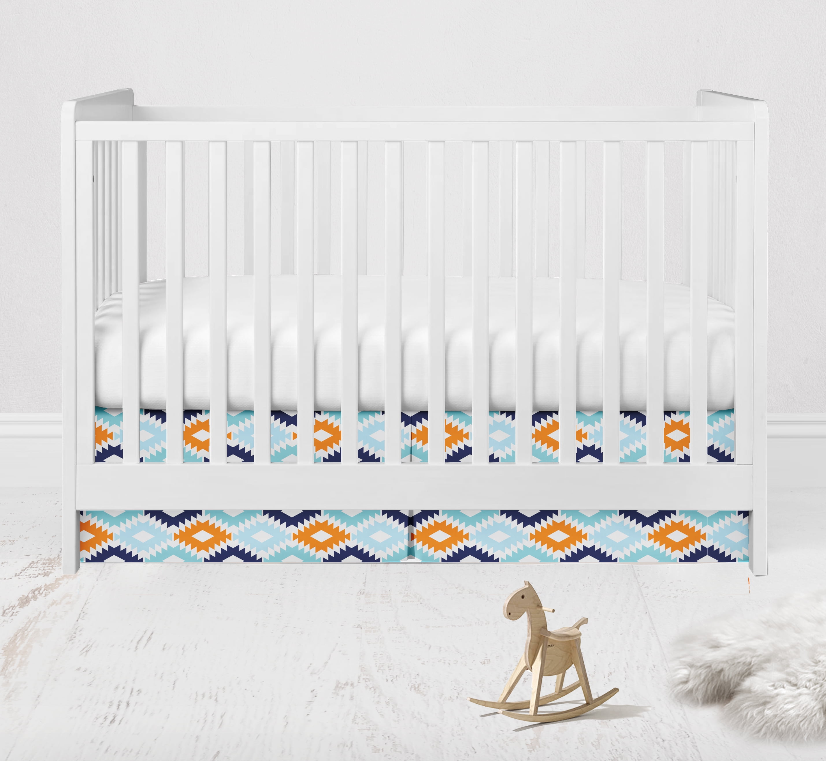 Bacati - Liam Aztec Kilim Aqua/Orange/Navy Tailored with 100% Cotton Percale 13 inch drop Crib/Toddler Bed Skirt