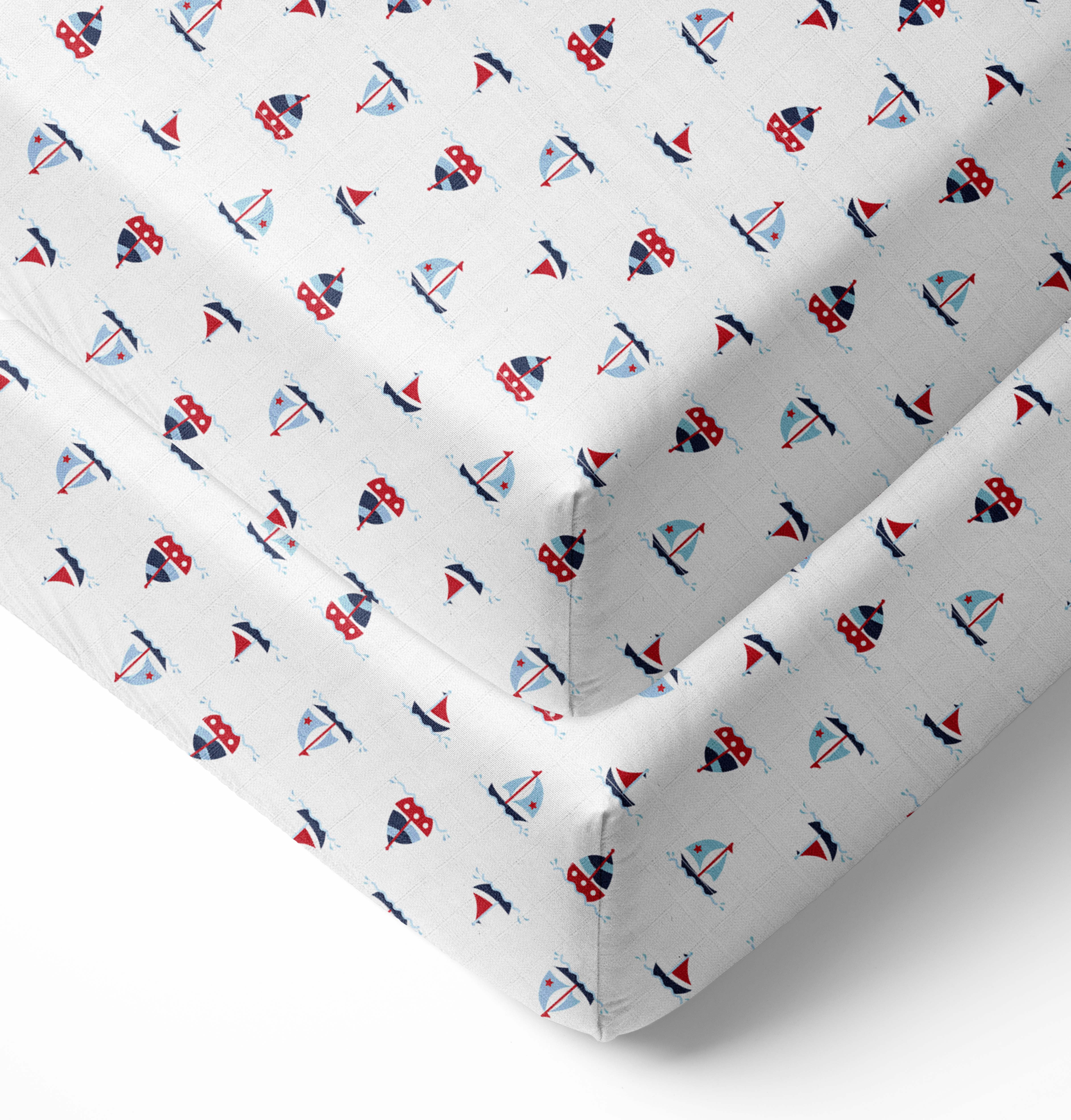 Bacati - Little Sailor Boats Crib/Toddler Bed Fitted Sheets 100% Cotton Muslin 2 Pack, Blue/Red