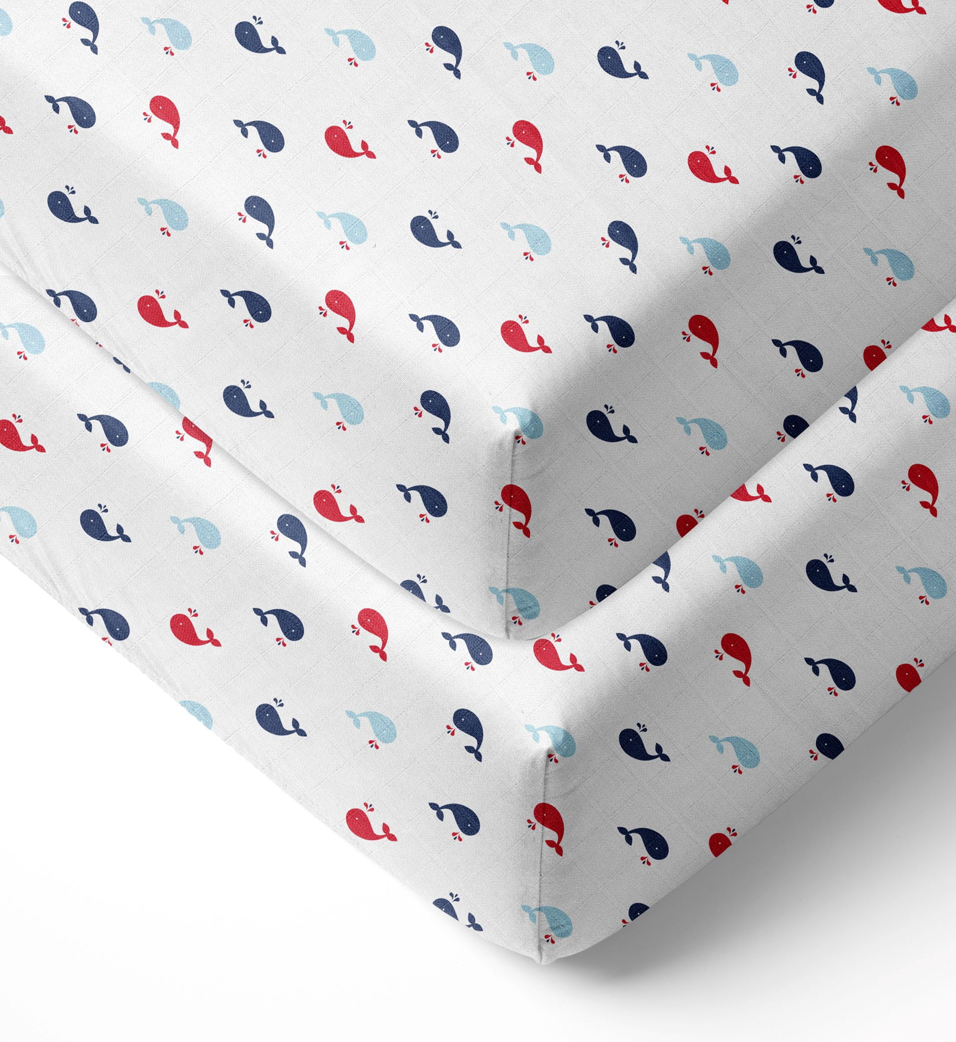 Bacati - Little Sailor Whales Crib/Toddler Bed Fitted Sheets 100% Cotton Muslin 2 Pack, Blue/Red