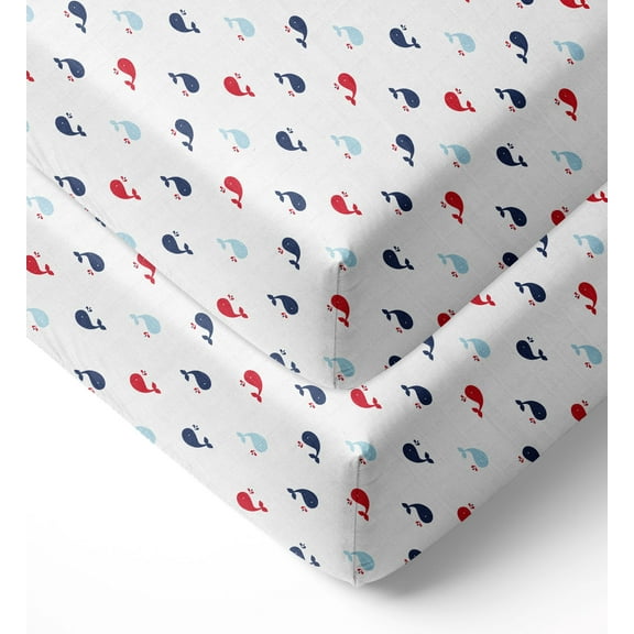 Bacati - Little Sailor Whales Crib/Toddler Bed Fitted Sheets 100% Cotton Muslin 2 Pack, Blue/Red