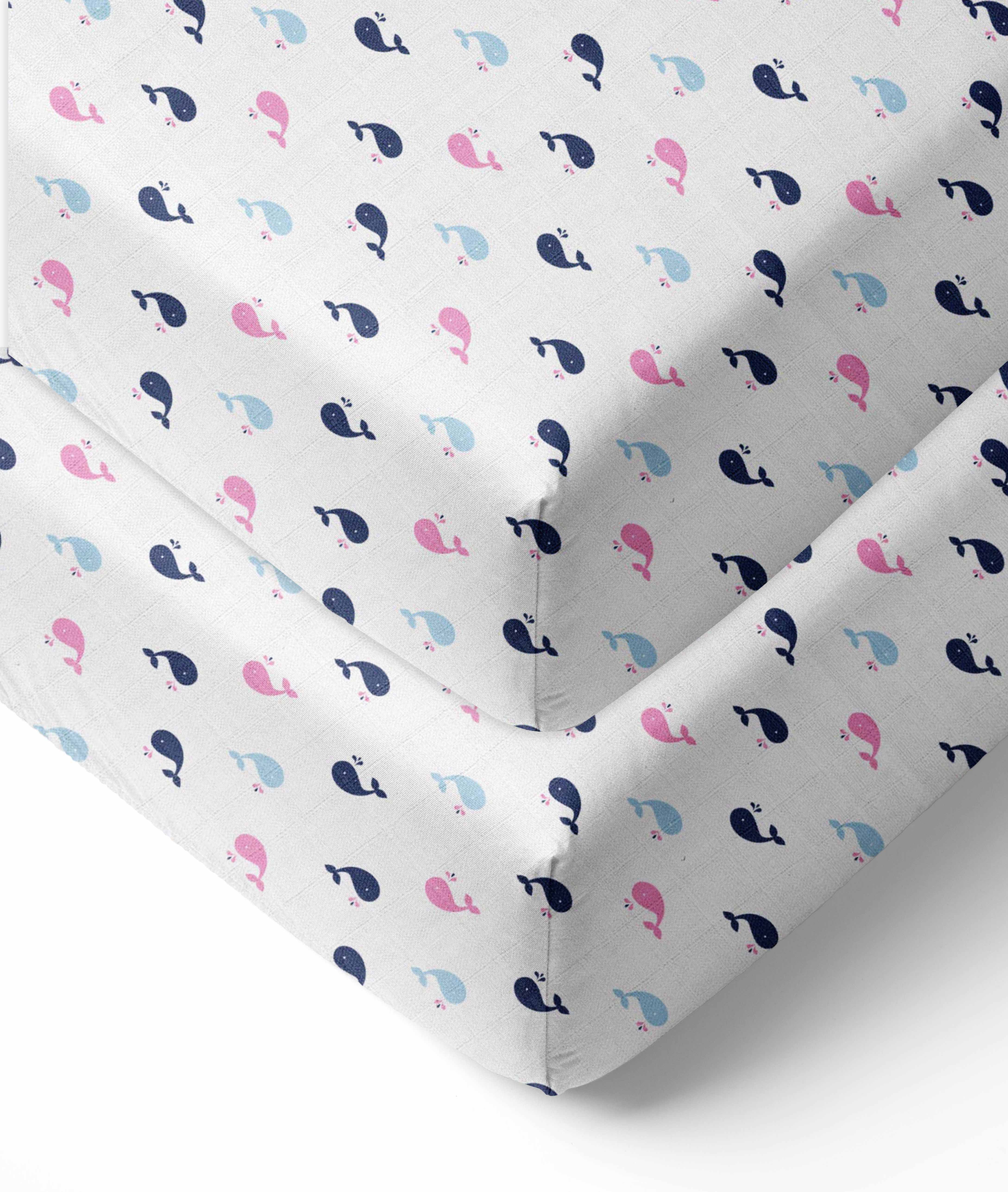 Bacati - Little Sailor Whales Girls Crib/Toddler Bed Fitted Sheets 100% Cotton Muslin 2 Pack, Pink/Navy