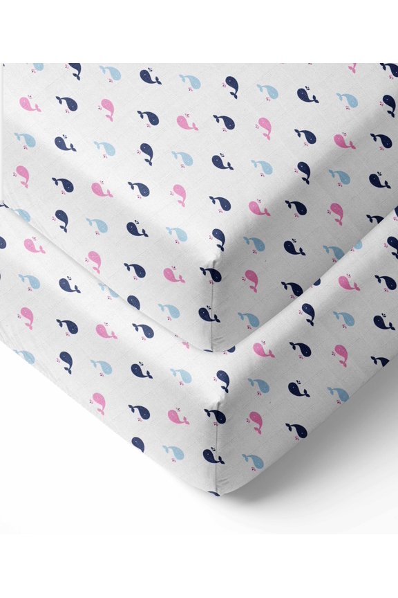 - Little Sailor Whales Girls Crib/Toddler Bed Fitted Sheets 100% Cotton Muslin 2 Pack, Pink/Navy