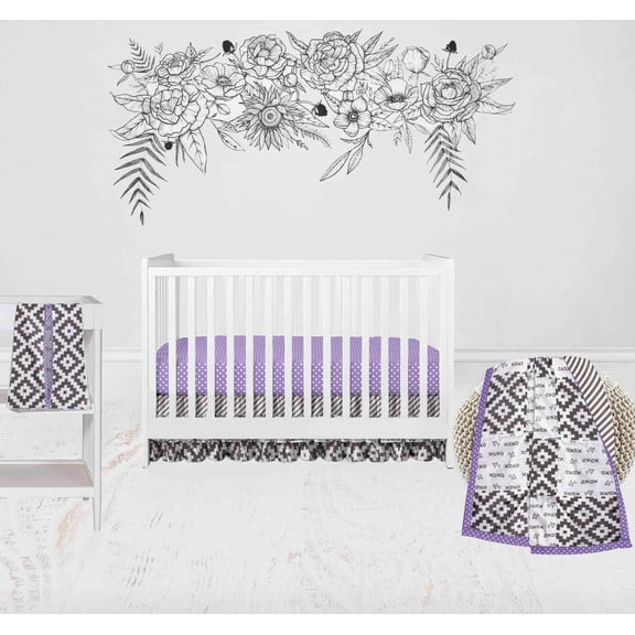 Bacati - Love Aztec 4-Piece Crib Bedding Set with Diaper Stacker - Grey/Purple Girls