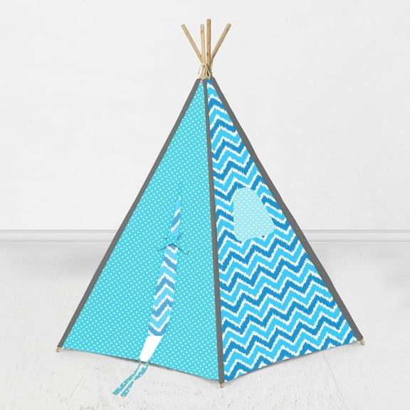 Bacati Mix N Match Ikat Chevron/Dots, Aqua/Grey Teepee Tent for Kids/Toddlers, 100% Cotton Breathable Percale Fabric Cover