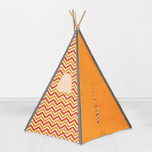 Bacati Mix N Match Ikat Chevron/Dots, Orange/Grey Teepee Tent for Kids/Toddlers, 100% Cotton Breathable Percale Fabric Cover