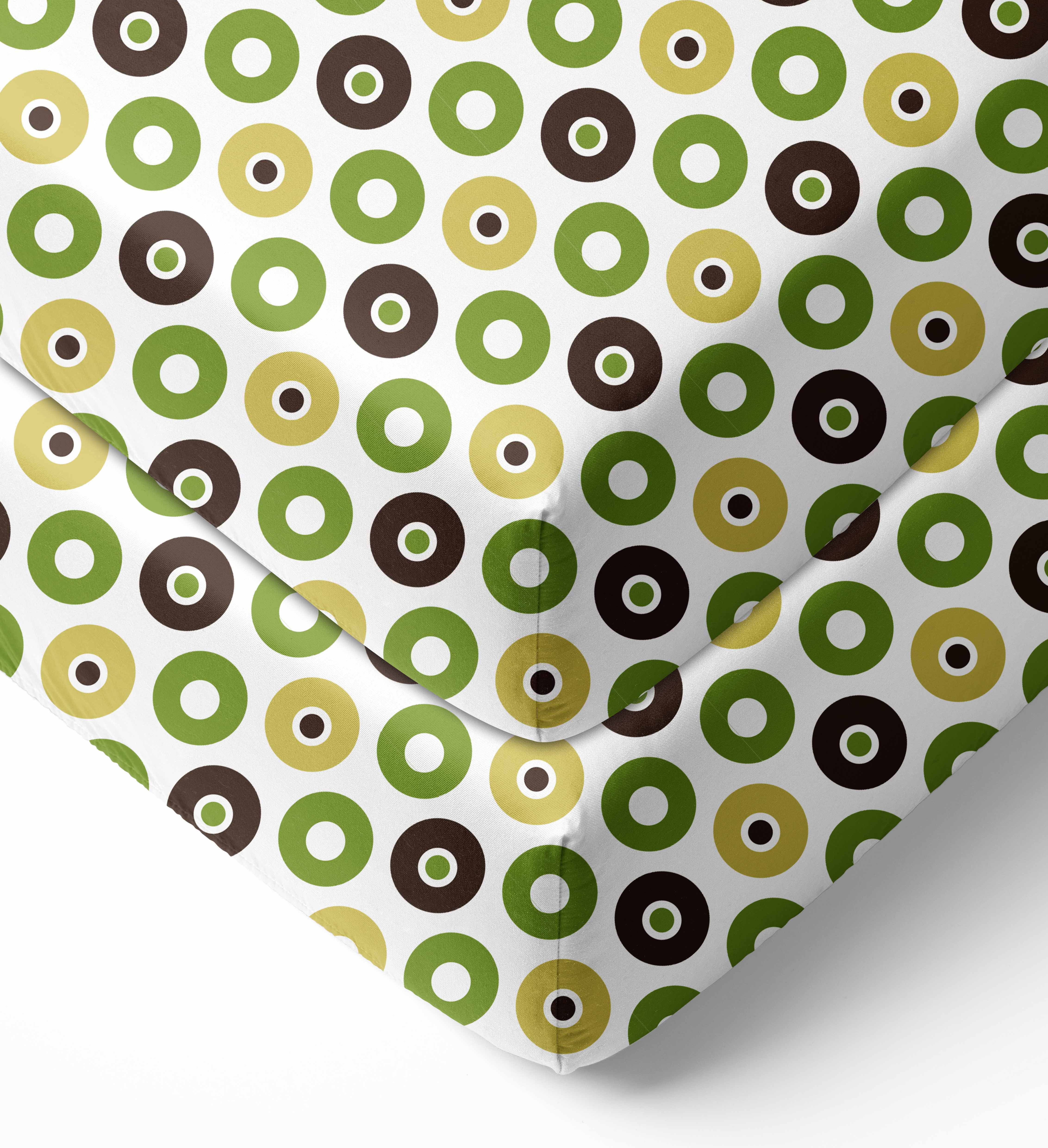 Bacati - Mod Dots Crib/Toddler Bed Sheets 100% Cotton Percale, Green/Yellow/Choc, 2-Pack