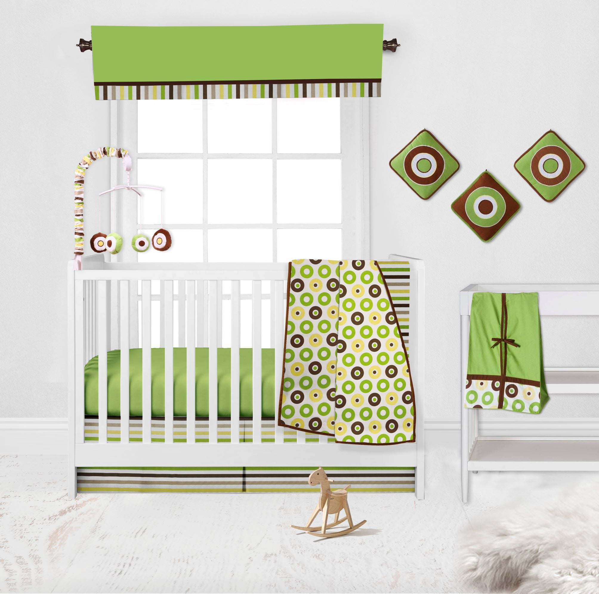 Bacati - Mod Dots Stripes 10-Piece Crib Bedding Set with Two Crib Sheets - Green/Yellow/Chocolate Unisex